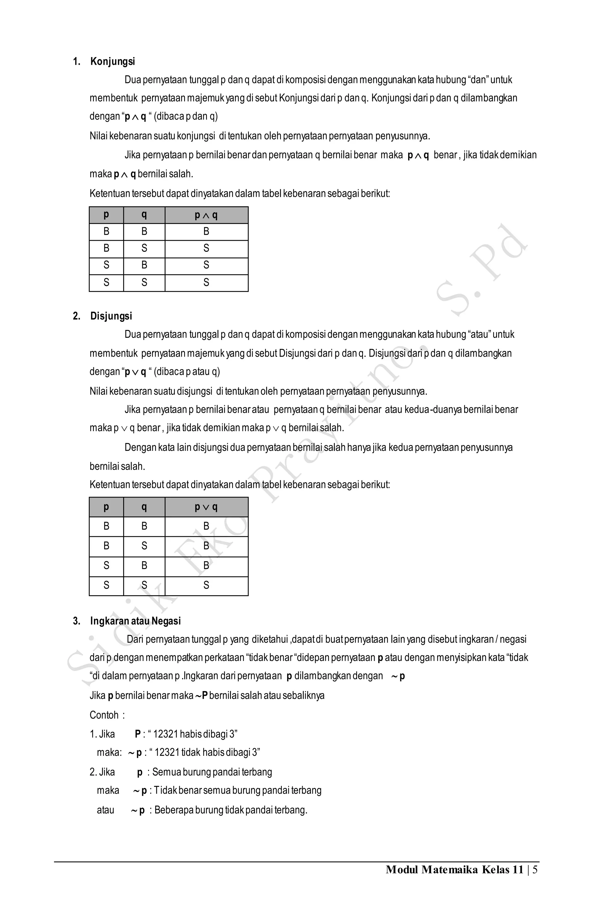 Modul Matemaika Kelas 11 | 5
1. Konjungsi
Duapernyataan tunggalp danq dapat dikomposisidenganmenggunakankatahubung“dan”untuk
membentuk pernyataanmajemukyangdisebut Konjungsidarip danq. Konjungsidaripdan q dilambangkan
dengan“p  q “ (dibacapdan q)
Nilaikebenaransuatukonjungsi ditentukan olehpernyataanpernyataan penyusunnya.
Jika pernyataanp bernilaibenardanpernyataan q bernilaibenar maka p  q benar, jika tidakdemikian
makap  q bernilaisalah.
Ketentuantersebut dapat dinyatakandalam tabelkebenaransebagaiberikut:
p q p  q
B B B
B S S
S B S
S S S
2. Disjungsi
Duapernyataan tunggalp danq dapat dikomposisidenganmenggunakankatahubung“atau”untuk
membentuk pernyataanmajemukyangdisebut Disjungsidari p danq. Disjungsidaripdan q dilambangkan
dengan“p  q “ (dibacapatau q)
Nilai kebenaransuatudisjungsi ditentukanoleh pernyataanpernyataan penyusunnya.
Jika pernyataanp bernilaibenaratau pernyataanq bernilaibenar atau kedua-duanyabernilaibenar
makap  q benar, jikatidak demikianmakap  q bernilaisalah.
Dengankata laindisjungsiduapernyataanbernilaisalahhanyajika keduapernyataanpenyusunnya
bernilaisalah.
Ketentuantersebut dapat dinyatakandalam tabelkebenaransebagaiberikut:
p q p  q
B B B
B S B
S B B
S S S
3. Ingkaran atau Negasi
Dari pernyataantunggalp yang diketahui,dapatdi buatpernyataan lainyang disebut ingkaran/ negasi
darip denganmenempatkanperkataan“tidakbenar“didepanpernyataan p atau denganmenyisipkankata“tidak
“di dalam pernyataanp.Ingkaran daripernyataan p dilambangkandengan  p
Jika p bernilaibenarmaka Pbernilaisalahatausebaliknya
Contoh :
1. Jika P : “ 12321habisdibagi3”
maka:  p : “ 12321tidak habisdibagi3”
2. Jika p : Semuaburungpandaiterbang
maka  p : Tidakbenarsemuaburungpandaiterbang
atau  p : Beberapaburungtidakpandaiterbang.
 