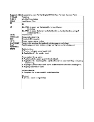 Suggested Strategies and Lesson Plan for English UPSR ( New Format) - Lesson Plan 5
MODULE Reading
THEME World of Knowledge
TOPIC Healthy and Wise
CS
2.2
LS 2.2.1 Able to apply word attack skills by identifying:
(c) similes
2.2.4 Able to apply dictionary skills to identify and understand meaning of
words in context.
LEVEL Intermediate
APPROACH Cooperative Learning
CCE Creativity & Innovation
HOTS Create a poem using similes
MATERIALS Food (relia), word cards, textbook, dictionary and worksheet
MAIN
ACTIVITIES
Reciting a poem, form similes using a word given and create a poem
STEPS Set Induction :
1. Teacher brings in some food (relia).
2. Pupils identify the healthy food.
Presentation Group work :
1. Pupils recite the poem given in the textbook.
2. Pupils find the meaning of the words which are in bold from the poem using
a dictionary.
3. Pupils pick an envelope with words and form similes from the words given.
4. Pupils present their work.
Individual work:
1. Complete the sentences with suitable similes.
Closure:
1. Create a poem using similes
 