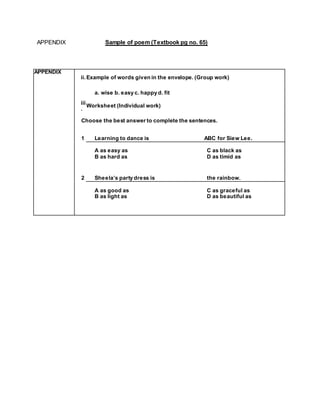 APPENDIX Sample of poem (Textbook pg no. 65)
APPENDIX
ii. Example of words given in the envelope. (Group work)
a. wise b. easy c. happy d. fit
iii
.
Worksheet (Individual work)
Choose the best answer to complete the sentences.
1 Learning to dance is ABC for Siew Lee.
A as easy as C as black as
B as hard as D as timid as
2 Sheela’s party dress is the rainbow.
A as good as C as graceful as
B as light as D as beautiful as
 