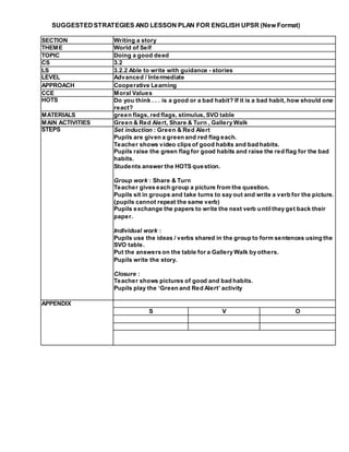 SUGGESTEDSTRATEGIES AND LESSON PLAN FOR ENGLISH UPSR (New Format)
SECTION Writing a story
THEME World of Self
TOPIC Doing a good deed
CS 3.2
LS 3.2.2 Able to write with guidance - stories
LEVEL Advanced / Intermediate
APPROACH Cooperative Learning
CCE Moral Values
HOTS Do you think . . . is a good or a bad habit? If it is a bad habit, how should one
react?
MATERIALS green flags, red flags, stimulus, SVO table
MAIN ACTIVITIES Green & Red Alert, Share & Turn , Gallery Walk
STEPS Set induction : Green & Red Alert
Pupils are given a green and red flag each.
Teacher shows video clips of good habits and bad habits.
Pupils raise the green flag for good habits and raise the red flag for the bad
habits.
Students answer the HOTS question.
Group work : Share & Turn
Teacher gives each group a picture from the question.
Pupils sit in groups and take turns to say out and write a verb for the picture.
(pupils cannot repeat the same verb)
Pupils exchange the papers to write the next verb untilthey get back their
paper.
Individual work :
Pupils use the ideas / verbs shared in the group to form sentences using the
SVO table.
Put the answers on the table for a Gallery Walk by others.
Pupils write the story.
Closure :
Teacher shows pictures of good and bad habits.
Pupils play the ‘Green and Red Alert’ activity
APPENDIX
S V O
 
