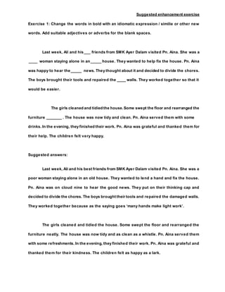 Suggested enhancement exercise
Exercise 1: Change the words in bold with an idiomatic expression / similie or other new
words. Add suitable adjectives or adverbs for the blank spaces.
Last week, Ali and his___ friends from SMK Ayer Dalam visited Pn. Aina. She was a
____ woman staying alone in an_____ house. They wanted to help fix the house. Pn. Aina
was happy to hear the_____ news. They thought about it and decided to divide the chores.
The boys brought their tools and repaired the ____ walls. They worked together so that it
would be easier.
The girls cleaned and tidied the house.Some swept the floor and rearranged the
furniture _______ . The house was now tidy and clean. Pn. Aina served them with some
drinks. In the evening, they finished their work. Pn. Aina was grateful and thanked them for
their help. The children felt very happy.
Suggested answers:
Last week, Ali and his best friends from SMK Ayer Dalam visited Pn. Aina. She was a
poor woman staying alone in an old house. They wanted to lend a hand and fix the house.
Pn. Aina was on cloud nine to hear the good news. They put on their thinking cap and
decided to divide the chores. The boys brought their tools and repaired the damaged walls.
They worked together because as the saying goes ‘many hands make light work’.
The girls cleaned and tidied the house. Some swept the floor and rearranged the
furniture neatly. The house was now tidy and as clean as a whistle. Pn. Aina served them
with some refreshments. In the evening, they finished their work. Pn. Aina was grateful and
thanked them for their kindness. The children felt as happy as a lark.
 