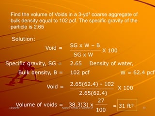 Find the volume of Voids in a 3-yd³ coarse aggregate of
  bulk density equal to 102 pcf. The specific gravity of the
  particle is 2.65

  Solution:
                                 SG x W – B
                    Void =                         X 100
                                   SG x W
Specific gravity, SG =           2.65       Density of water,
     Bulk density, B =           102 pcf                   W = 62.4 pcf

                                 2.65(62.4) - 102
                     Void =                                X 100
                                     2.65(62.4)
                                                    27
      Volume of voids = 38.3(3) x
 11/20/99                                                = 31 ft³   15
                                                   100
                       Author: Tomas U. Ganiron Jr
 