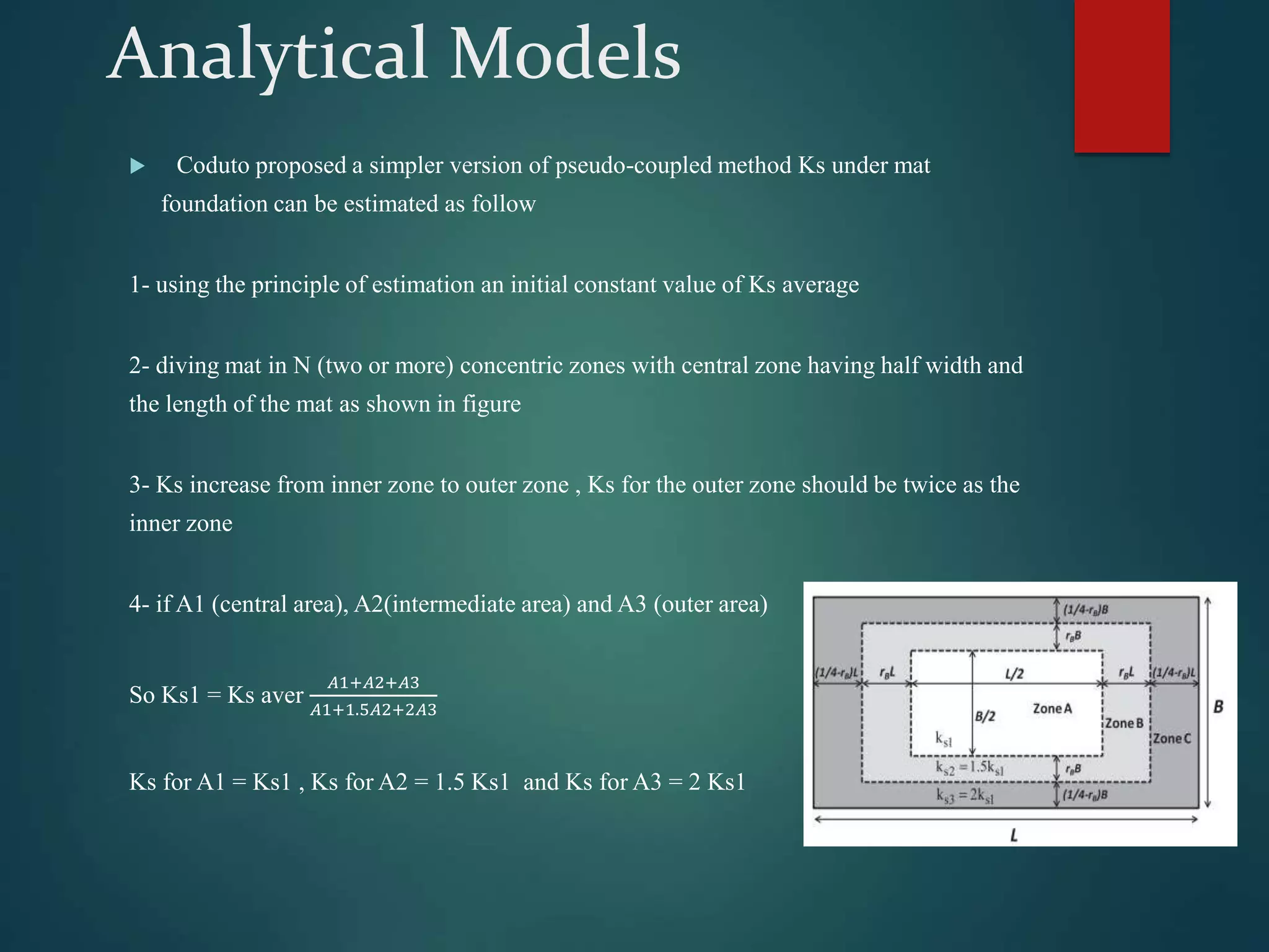 Analytical Models
 Coduto proposed a simpler version of pseudo-coupled method Ks under mat
foundation can be estimated as follow
1- using the principle of estimation an initial constant value of Ks average
2- diving mat in N (two or more) concentric zones with central zone having half width and
the length of the mat as shown in figure
3- Ks increase from inner zone to outer zone , Ks for the outer zone should be twice as the
inner zone
4- if A1 (central area), A2(intermediate area) and A3 (outer area)
So Ks1 = Ks aver
𝐴1+𝐴2+𝐴3
𝐴1+1.5𝐴2+2𝐴3
Ks for A1 = Ks1 , Ks for A2 = 1.5 Ks1 and Ks for A3 = 2 Ks1
 
