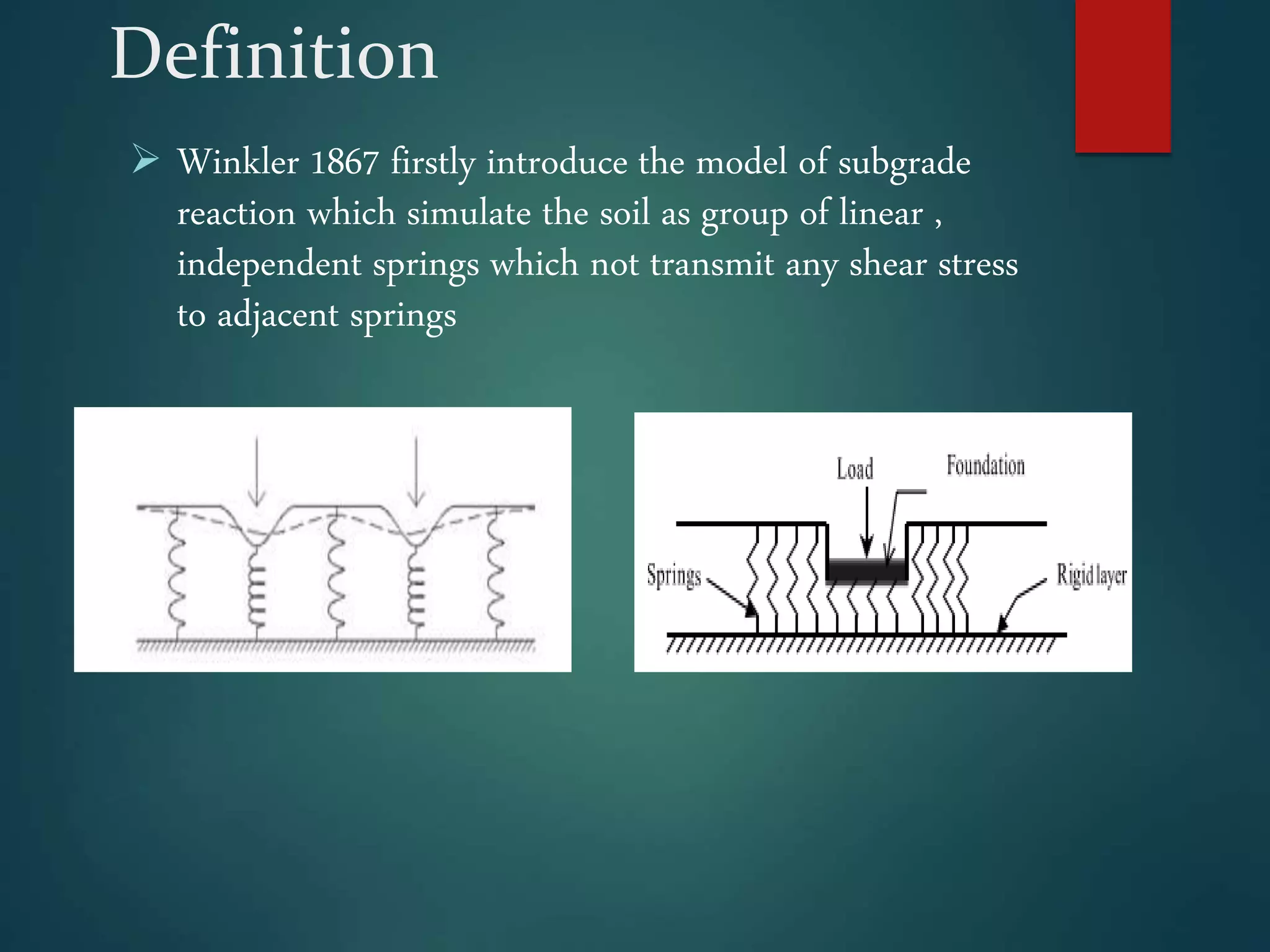 Definition
 Winkler 1867 firstly introduce the model of subgrade
reaction which simulate the soil as group of linear ,
independent springs which not transmit any shear stress
to adjacent springs
 