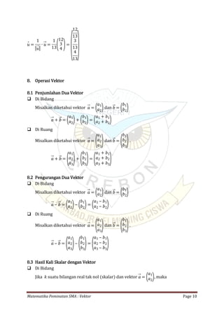 Matematika Peminatan SMA : Vektor Page 10
𝑢 =
1
| 𝑢|
∙ 𝑢 =
1
13(
12
3
4 )=
(
12
13
3
13
4
13
)
8. Operasi Vektor
8.1 Penjumlahan Dua Vektor
 Di Bidang
Misalkan diketahui vektor dan𝑎 = (𝑎1
𝑎2) 𝑏 = (𝑏1
𝑏2)
𝑎 + 𝑏 = (𝑎1
𝑎2)+ (𝑏1
𝑏2)= (𝑎1 + 𝑏1
𝑎2 + 𝑏2)
 Di Ruang
Misalkan diketahui vektor dan .𝑎 =
(
𝑎1
𝑎2
𝑎3
) 𝑏 =
(
𝑏1
𝑏2
𝑏3
)
𝑎 + 𝑏 =
(
𝑎1
𝑎2
𝑎3
)+
(
𝑏1
𝑏2
𝑏3
)=
(
𝑎1 + 𝑏1
𝑎2 + 𝑏2
𝑎3 + 𝑏3
)
8.2 Pengurangan Dua Vektor
 Di Bidang
Misalkan diketahui vektor dan𝑎 = (𝑎1
𝑎2) 𝑏 = (𝑏1
𝑏2)
𝑎 ‒ 𝑏 = (𝑎1
𝑎2)‒ (𝑏1
𝑏2)= (𝑎1 ‒ 𝑏1
𝑎2 ‒ 𝑏2)
 Di Ruang
Misalkan diketahui vektor dan .𝑎 =
(
𝑎1
𝑎2
𝑎3
) 𝑏 =
(
𝑏1
𝑏2
𝑏3
)
𝑎 ‒ 𝑏 =
(
𝑎1
𝑎2
𝑎3
)‒
(
𝑏1
𝑏2
𝑏3
)=
(
𝑎1 ‒ 𝑏1
𝑎2 ‒ 𝑏2
𝑎3 ‒ 𝑏3
)
8.3 Hasil Kali Skalar dengan Vektor
 Di Bidang
Jika 𝑘 suatu bilangan real tak nol (skalar) dan vektor , maka𝑎 = (𝑎1
𝑎2)
 
