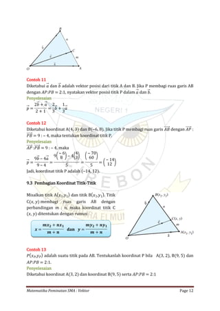 Matematika Peminatan SMA : Vektor Page 12
Contoh 11
Diketahui dan adalah vektor posisi dari titik A dan B. Jika P membagi ruas garis AB𝑎 𝑏
dengan , nyatakan vektor posisi titik P dalam dan .𝐴𝑃:𝑃𝐵 = 2:1 𝑎 𝑏
Penyelesaian
𝑝 =
2𝑏 + 𝑎
2 + 1
=
2
3
𝑏 +
1
3
𝑎
Contoh 12
Diketahui koordinat A(4, 3) dan B(⎯6, 8). Jika titik P membagi ruas garis dengan𝐴𝐵 𝐴𝑃 :
, maka tentukan koordinat titik P.𝑃𝐵 = 9 : ‒ 4
Penyelesaian
, maka𝐴𝑃 :𝑃𝐵 = 9 : ‒ 4
𝑝 =
9𝑏 ‒ 4𝑎
9 ‒ 4
=
9(‒ 6
8 )‒ 4(4
3)
5
=
(‒ 70
60 )
5
= (‒ 14
12 )
Jadi, koordinat titik P adalah (⎯14, 12).
9.3 Pembagian Koordinat Titik-Titik
Misalkan titik A dan titik B . Titik( 𝑥1,𝑦1) ( 𝑥1,𝑦1)
C membagi ruas garis AB dengan(𝑥, 𝑦)
perbandingan 𝑚 : 𝑛, maka koordinat titik C
ditentukan dengan rumus:(𝑥, 𝑦)
𝒙 =
𝒎𝒙 𝟐 + 𝒏𝒙 𝟏
𝒎 + 𝒏
𝐝𝐚𝐧 𝒚 =
𝒎𝒚 𝟐 + 𝒏𝒚 𝟏
𝒎 + 𝒏
Contoh 13
adalah suatu titik pada AB. Tentukanlah koordinat P bila A(3, 2), B(9, 5) dan𝑃( 𝑥 𝑃,𝑦 𝑃)
.𝐴𝑃:𝑃𝐵 = 2:1
Penyelesaian
Diketahui koordinat A(3, 2) dan koordinat B(9, 5) serta 𝐴𝑃:𝑃𝐵 = 2:1
 