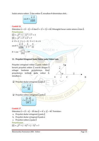 Matematika Peminatan SMA : Vektor Page 14
Sudut antara vektor dan vektor , misalkan θ ditentukan oleh ;𝑎 𝑏
cos 𝜃 =
𝑎 ∙ 𝑏
| 𝑎|| 𝑏|
Contoh 16
Diketahui dan . Hitunglah besar sudut antara dan .𝑎 = 2𝑖 ‒ 2𝑗 + 𝑘 𝑏 = 2𝑖 + 3𝑗 + 6𝑘 𝑎 𝑏
Penyelesaian
| 𝑎| = 22
+ ( ‒ 2)2
+ 12
= 3
| 𝑏| = 22
+ 32
+ 62
= 7
𝑎 ∙ 𝑏 = 2 ∙ 2 + ( ‒ 2) ∙ 3 + 1 ∙ 6 = 4
cos 𝜃 =
𝑎 ∙ 𝑏
| 𝑎|| 𝑏|
=
4
3 ∙ 7
=
4
21
𝜃 = cos ‒ 1
(4
21)= 79°
11. Proyeksi Ortogonal Suatu Vektor pada Vektor Lain
Proyeksi ortogonal vektor pada vektor𝑎 𝑏
berarti proyeksi vektor searah dengan𝑎 𝑏
sebagai landasan proyeksinya. Hasil
proyeksinya terletak pada vektor ,𝑏
misalkan .𝑐
 Proyeksi skalar ortogonal pada𝑎 𝑏
| 𝑐| =
𝑎 ∙ 𝑏
| 𝑏|
 Proyeksi vektor ortogonal pada𝑎 𝑏
𝑐 =
{𝑎 ∙ 𝑏
| 𝑏|2}∙ 𝑏
Contoh 17
Diketahui dan . Tentukan :𝑎 = 2𝑖 ‒ 6𝑗 ‒ 3𝑘 𝑏 = 4𝑖 + 2𝑗 ‒ 4𝑘
a. Proyeksi skalar ortogonal pada𝑎 𝑏
b. Proyeksi skalar ortogonal pada𝑏 𝑎
c. Proyeksi vektor pada𝑎 𝑏
Penyelesaian
| 𝑎| = 22
+ ( ‒ 6)2
+ ( ‒ 3)2
= 7
 