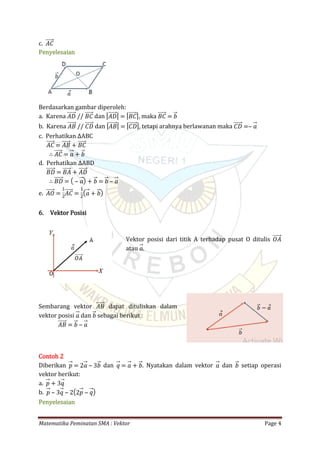 Matematika Peminatan SMA : Vektor Page 4
c. 𝐴𝐶
Penyelesaian
Berdasarkan gambar diperoleh:
a. Karena // dan , maka𝐴𝐷 𝐵𝐶 | 𝐴𝐷| = | 𝐵𝐶| 𝐵𝐶 = 𝑏
b. Karena // dan , tetapi arahnya berlawanan maka𝐴𝐵 𝐶𝐷 | 𝐴𝐵| = | 𝐶𝐷| 𝐶𝐷 =‒ 𝑎
c. Perhatikan ∆ABC
𝐴𝐶 = 𝐴𝐵 + 𝐵𝐶
∴ 𝐴𝐶 = 𝑎 + 𝑏
d. Perhatikan ∆ABD
𝐵𝐷 = 𝐵𝐴 + 𝐴𝐷
∴ 𝐵𝐷 = ( ‒ 𝑎) + 𝑏 = 𝑏 ‒ 𝑎
e. 𝐴𝑂 =
1
2
𝐴𝐶 =
1
2
( 𝑎 + 𝑏)
6. Vektor Posisi
Vektor posisi dari titik A terhadap pusat O ditulis 𝑂𝐴
atau .𝑎
Sembarang vektor dapat dituliskan dalam𝐴𝐵
vektor posisi dan sebagai berikut :𝑎 𝑏
𝐴𝐵 = 𝑏 ‒ 𝑎
Contoh 2
Diberikan dan . Nyatakan dalam vektor dan setiap operasi𝑝 = 2𝑎 ‒ 3𝑏 𝑞 = 𝑎 + 𝑏 𝑎 𝑏
vektor berikut:
a. 𝑝 + 3𝑞
b. 𝑝 ‒ 3𝑞 ‒ 2(2𝑝 ‒ 𝑞)
Penyelesaian
 
