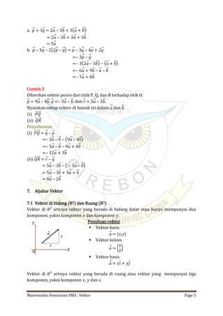 Matematika Peminatan SMA : Vektor Page 5
a. 𝑝 + 3𝑞 = 2𝑎 ‒ 3𝑏 + 3( 𝑎 + 𝑏)
= 2𝑎 ‒ 3𝑏 + 3𝑎 + 3𝑏
= 5𝑎
b. 𝑝 ‒ 3𝑞 ‒ 2(2𝑝 ‒ 𝑞) = 𝑝 ‒ 3𝑞 ‒ 4𝑝 + 2𝑞
=‒ 3𝑝 ‒ 𝑞
=‒ 3(2𝑎 ‒ 3𝑏) ‒ ( 𝑎 + 𝑏)
=‒ 6𝑎 + 9𝑏 ‒ 𝑎 ‒ 𝑏
=‒ 7𝑎 + 8𝑏
Contoh 3
Diberikan vektor posisi dari titik P, Q, dan R terhadap titik O:
, , dan .𝑝 = 9𝑎 ‒ 4𝑏 𝑞 =‒ 3𝑎 ‒ 𝑏 𝑟 = 5𝑎 ‒ 3𝑏
Nyatakan setiap vektor di bawah ini dalam dan .𝑎 𝑏
(i) 𝑃𝑄
(ii) 𝑄𝑅
Penyelesaian
(i) 𝑃𝑄 = 𝑞 ‒ 𝑝
=‒ 3𝑎 ‒ 𝑏 ‒ (9𝑎 ‒ 4𝑏)
=‒ 3𝑎 ‒ 𝑏 ‒ 9𝑎 + 4𝑏
=‒ 12𝑎 + 3𝑏
(ii) 𝑄𝑅 = 𝑟 ‒ 𝑞
= 5𝑎 ‒ 3𝑏 ‒ ( ‒ 3𝑎 ‒ 𝑏)
= 5𝑎 ‒ 3𝑏 + 3𝑎 + 𝑏
= 8𝑎 ‒ 2𝑏
7. Aljabar Vektor
7.1 Vektor di bidang (R2) dan Ruang (R3)
Vektor di artinya vektor yang berada di bidang datar atau hanya mempunyai dua𝑅2
komponen, yakni komponen 𝑥 dan komponen 𝑦.
Penulisan vektor
 Vektor baris
𝑎 = (𝑥,𝑦)
 Vektor kolom
𝑎 = (𝑥
𝑦)
 Vektor basis
𝑎 = 𝑥𝑖 + 𝑦𝑗
Vektor di artinya vektor yang berada di ruang atau vektor yang mempunyai tiga𝑅3
komponen, yakni komponen 𝑥, 𝑦 dan 𝑧.
 