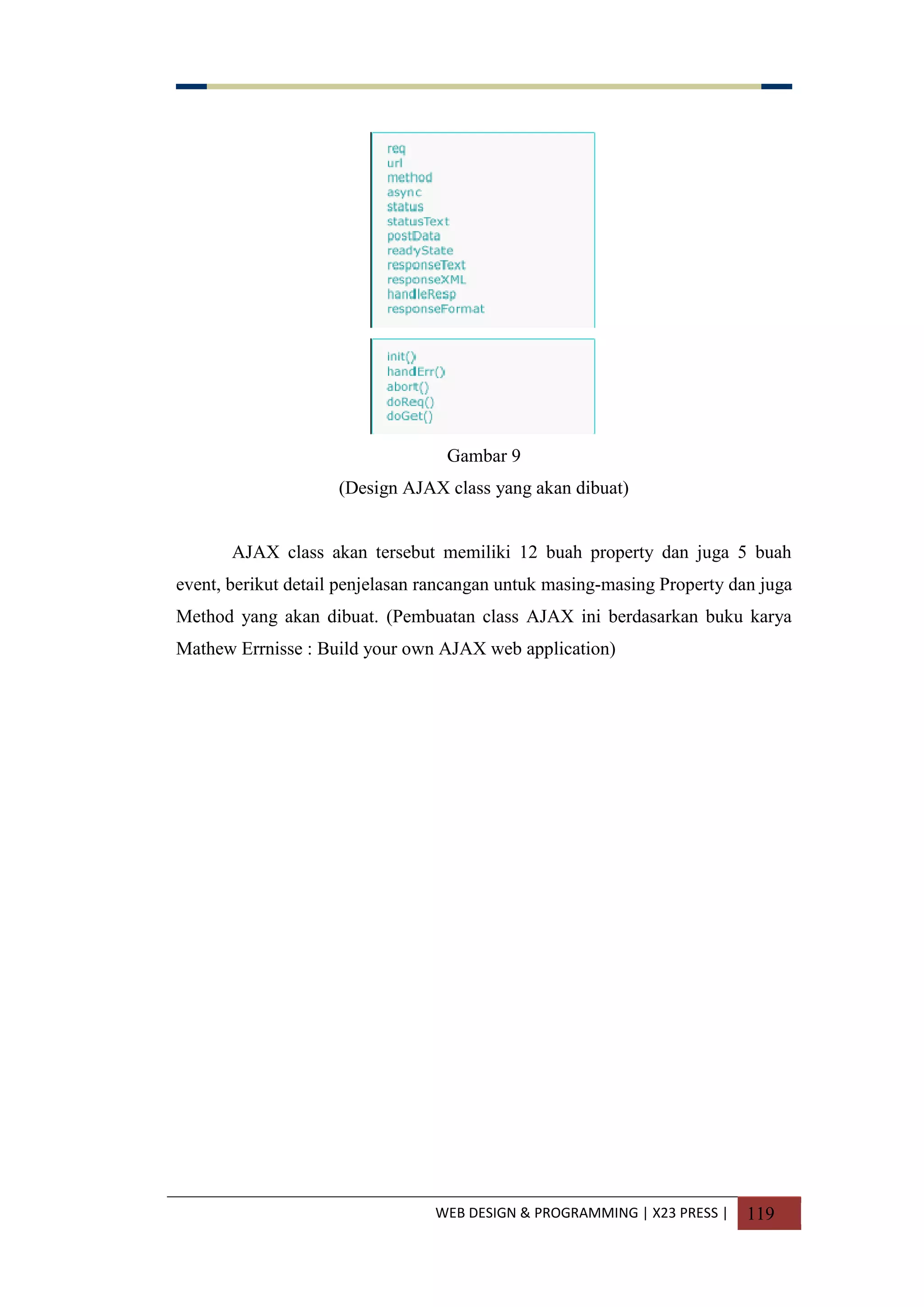 WEB DESIGN & PROGRAMMING | X23 PRESS | 119
Gambar 9
(Design AJAX class yang akan dibuat)
AJAX class akan tersebut memiliki 12 buah property dan juga 5 buah
event, berikut detail penjelasan rancangan untuk masing-masing Property dan juga
Method yang akan dibuat. (Pembuatan class AJAX ini berdasarkan buku karya
Mathew Errnisse : Build your own AJAX web application)
 