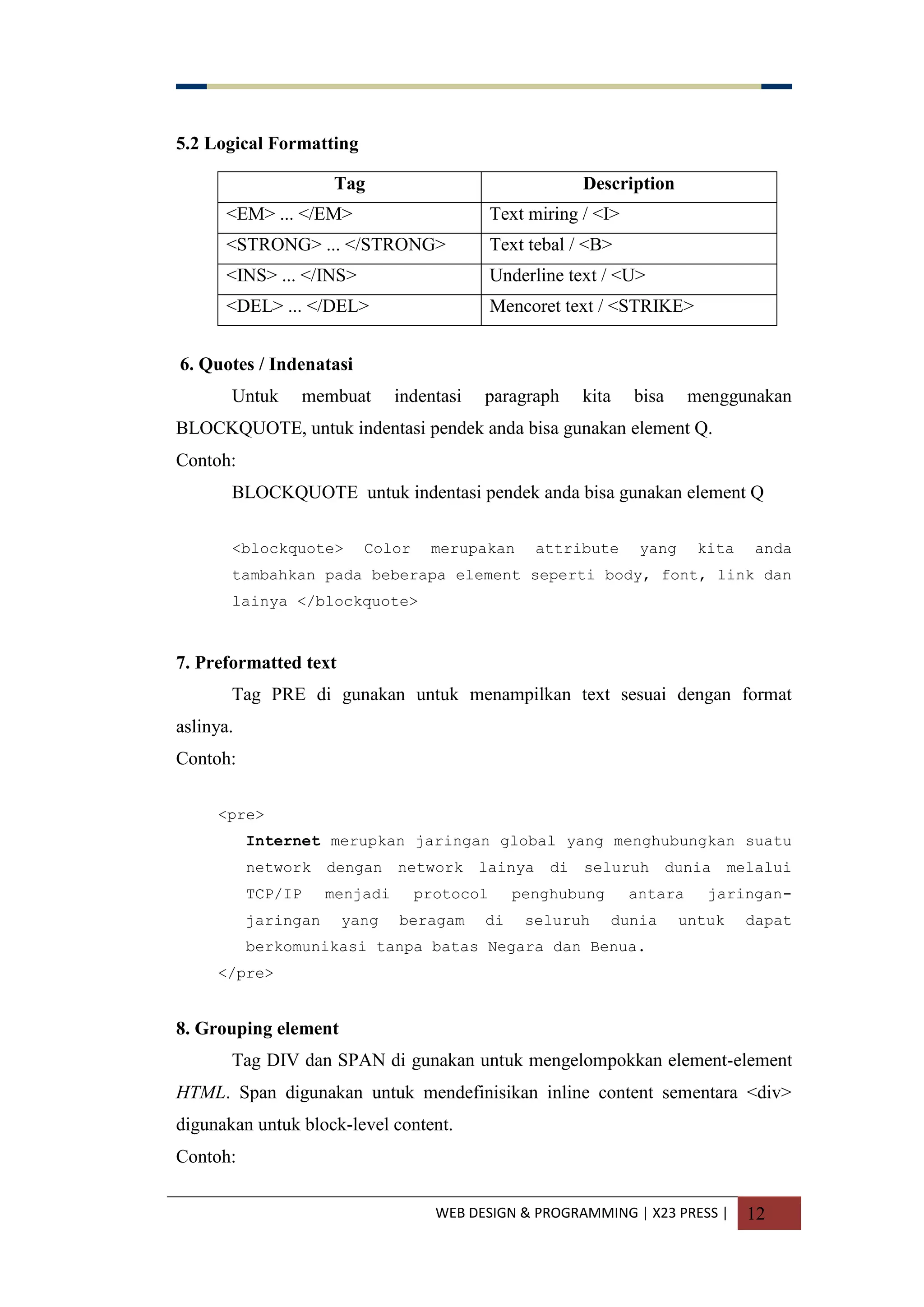 WEB DESIGN & PROGRAMMING | X23 PRESS | 12
5.2 Logical Formatting
Tag Description
<EM> ... </EM> Text miring / <I>
<STRONG> ... </STRONG> Text tebal / <B>
<INS> ... </INS> Underline text / <U>
<DEL> ... </DEL> Mencoret text / <STRIKE>
6. Quotes / Indenatasi
Untuk membuat indentasi paragraph kita bisa menggunakan
BLOCKQUOTE, untuk indentasi pendek anda bisa gunakan element Q.
Contoh:
BLOCKQUOTE untuk indentasi pendek anda bisa gunakan element Q
<blockquote> Color merupakan attribute yang kita anda
tambahkan pada beberapa element seperti body, font, link dan
lainya </blockquote>
7. Preformatted text
Tag PRE di gunakan untuk menampilkan text sesuai dengan format
aslinya.
Contoh:
<pre>
Internet merupkan jaringan global yang menghubungkan suatu
network dengan network lainya di seluruh dunia melalui
TCP/IP menjadi protocol penghubung antara jaringan-
jaringan yang beragam di seluruh dunia untuk dapat
berkomunikasi tanpa batas Negara dan Benua.
</pre>
8. Grouping element
Tag DIV dan SPAN di gunakan untuk mengelompokkan element-element
HTML. Span digunakan untuk mendefinisikan inline content sementara <div>
digunakan untuk block-level content.
Contoh:
 