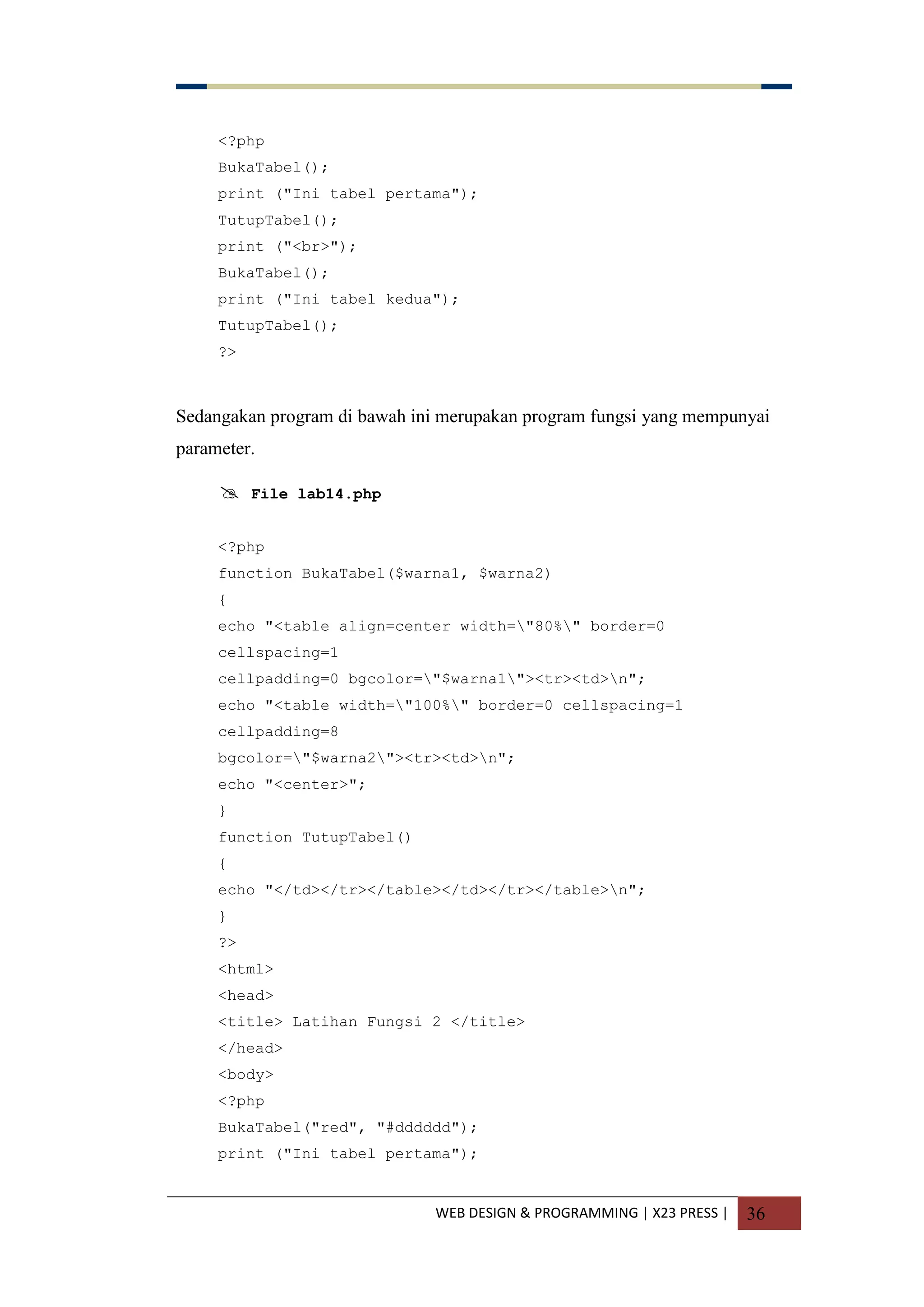 WEB DESIGN & PROGRAMMING | X23 PRESS | 36
<?php
BukaTabel();
print ("Ini tabel pertama");
TutupTabel();
print ("<br>");
BukaTabel();
print ("Ini tabel kedua");
TutupTabel();
?>
Sedangakan program di bawah ini merupakan program fungsi yang mempunyai
parameter.
 File lab14.php
<?php
function BukaTabel($warna1, $warna2)
{
echo "<table align=center width="80%" border=0
cellspacing=1
cellpadding=0 bgcolor="$warna1"><tr><td>n";
echo "<table width="100%" border=0 cellspacing=1
cellpadding=8
bgcolor="$warna2"><tr><td>n";
echo "<center>";
}
function TutupTabel()
{
echo "</td></tr></table></td></tr></table>n";
}
?>
<html>
<head>
<title> Latihan Fungsi 2 </title>
</head>
<body>
<?php
BukaTabel("red", "#dddddd");
print ("Ini tabel pertama");
 