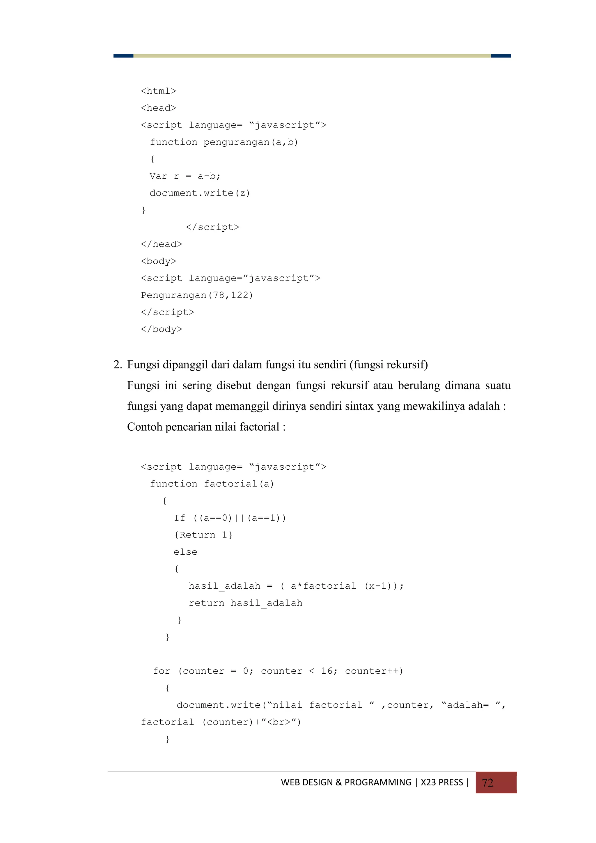 WEB DESIGN & PROGRAMMING | X23 PRESS | 72
<html>
<head>
<script language= “javascript”>
function pengurangan(a,b)
{
Var r = a-b;
document.write(z)
}
</script>
</head>
<body>
<script language=”javascript”>
Pengurangan(78,122)
</script>
</body>
2. Fungsi dipanggil dari dalam fungsi itu sendiri (fungsi rekursif)
Fungsi ini sering disebut dengan fungsi rekursif atau berulang dimana suatu
fungsi yang dapat memanggil dirinya sendiri sintax yang mewakilinya adalah :
Contoh pencarian nilai factorial :
<script language= “javascript”>
function factorial(a)
{
If ((a==0)||(a==1))
{Return 1}
else
{
hasil_adalah = ( a*factorial (x-1));
return hasil_adalah
}
}
for (counter = 0; counter < 16; counter++)
{
document.write(“nilai factorial ” ,counter, “adalah= ”,
factorial (counter)+”<br>”)
}
 