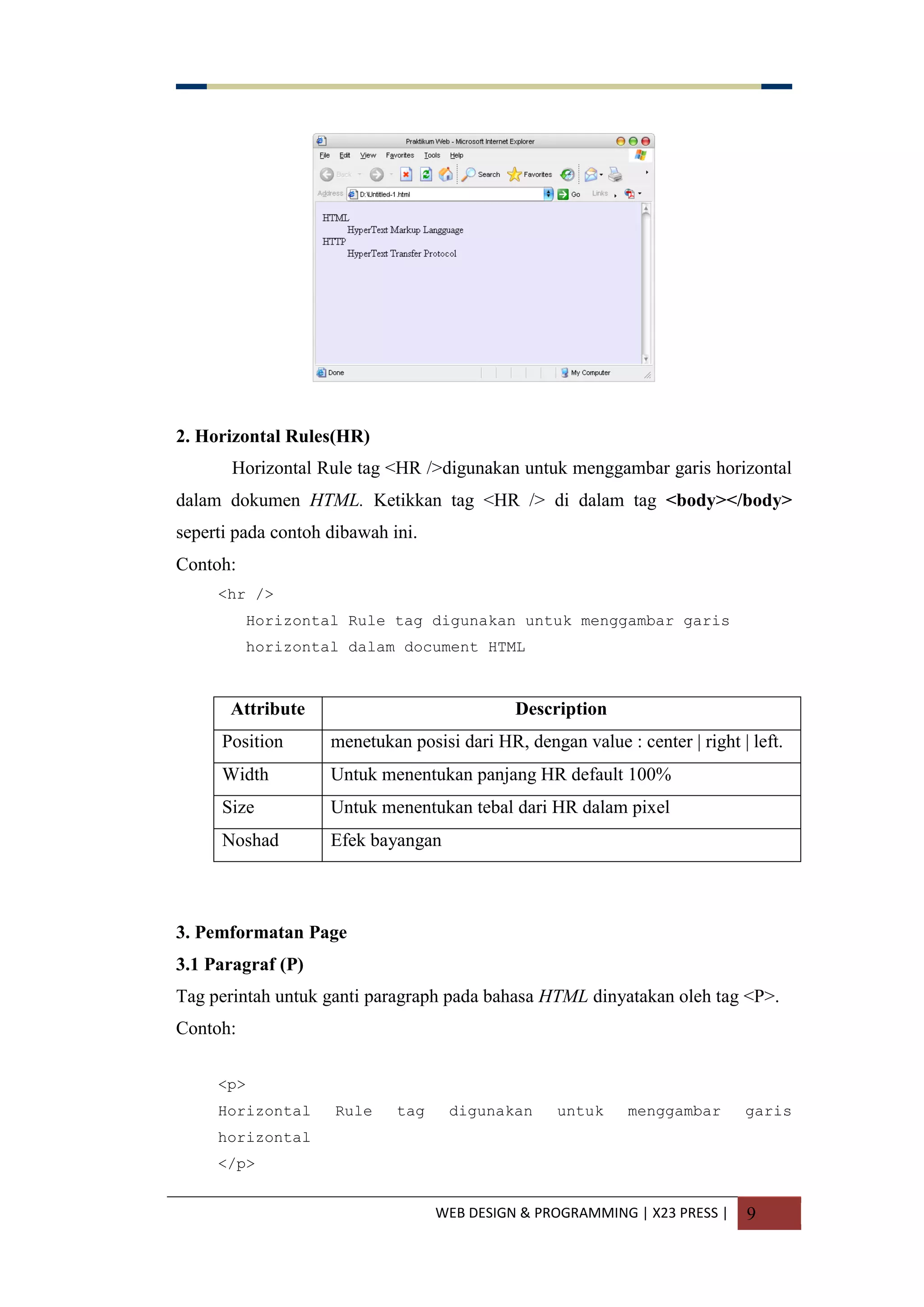 WEB DESIGN & PROGRAMMING | X23 PRESS | 9
2. Horizontal Rules(HR)
Horizontal Rule tag <HR />digunakan untuk menggambar garis horizontal
dalam dokumen HTML. Ketikkan tag <HR /> di dalam tag <body></body>
seperti pada contoh dibawah ini.
Contoh:
<hr />
Horizontal Rule tag digunakan untuk menggambar garis
horizontal dalam document HTML
Attribute Description
Position menetukan posisi dari HR, dengan value : center | right | left.
Width Untuk menentukan panjang HR default 100%
Size Untuk menentukan tebal dari HR dalam pixel
Noshad Efek bayangan
3. Pemformatan Page
3.1 Paragraf (P)
Tag perintah untuk ganti paragraph pada bahasa HTML dinyatakan oleh tag <P>.
Contoh:
<p>
Horizontal Rule tag digunakan untuk menggambar garis
horizontal
</p>
 