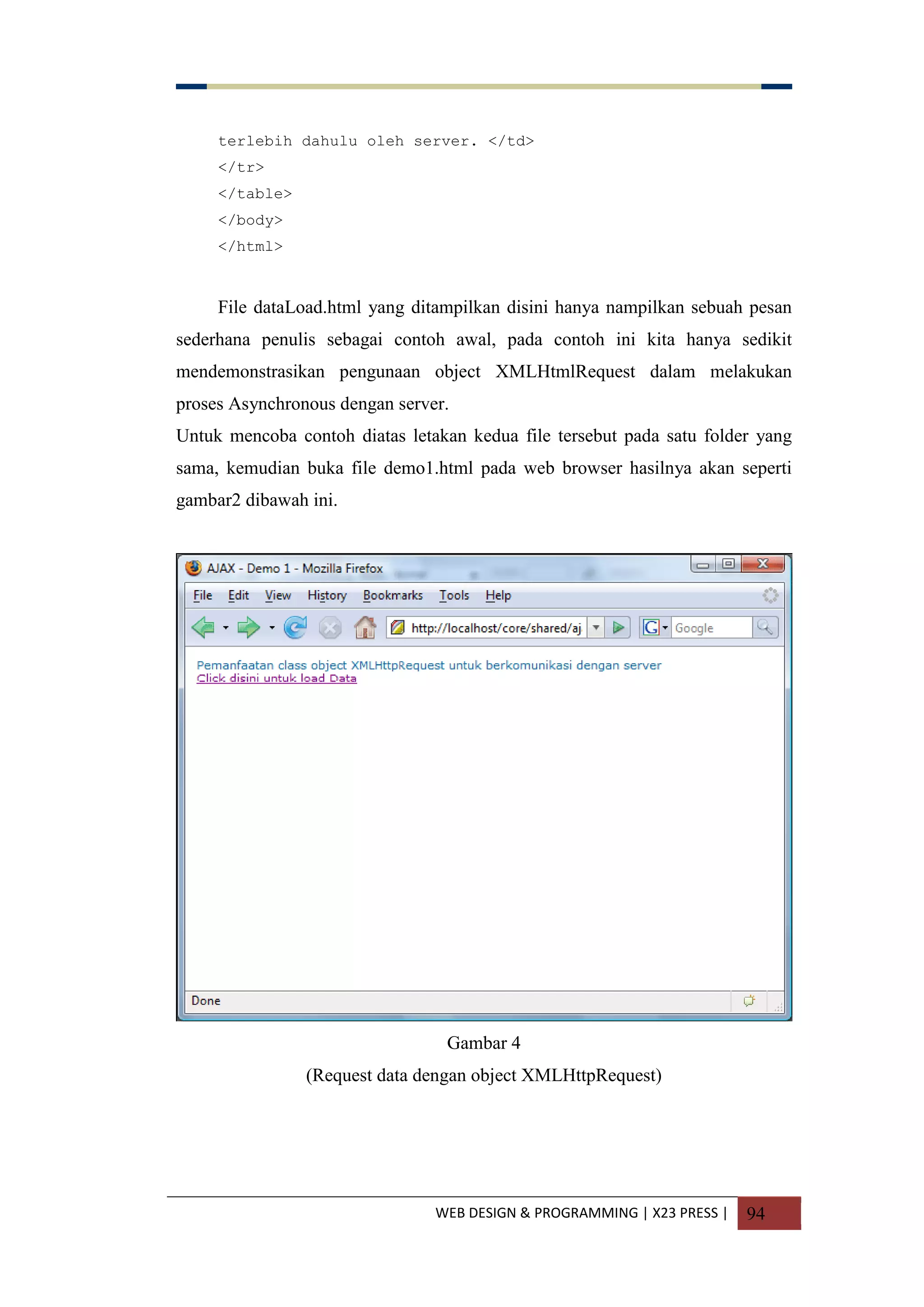 WEB DESIGN & PROGRAMMING | X23 PRESS | 94
terlebih dahulu oleh server. </td>
</tr>
</table>
</body>
</html>
File dataLoad.html yang ditampilkan disini hanya nampilkan sebuah pesan
sederhana penulis sebagai contoh awal, pada contoh ini kita hanya sedikit
mendemonstrasikan pengunaan object XMLHtmlRequest dalam melakukan
proses Asynchronous dengan server.
Untuk mencoba contoh diatas letakan kedua file tersebut pada satu folder yang
sama, kemudian buka file demo1.html pada web browser hasilnya akan seperti
gambar2 dibawah ini.
Gambar 4
(Request data dengan object XMLHttpRequest)
 