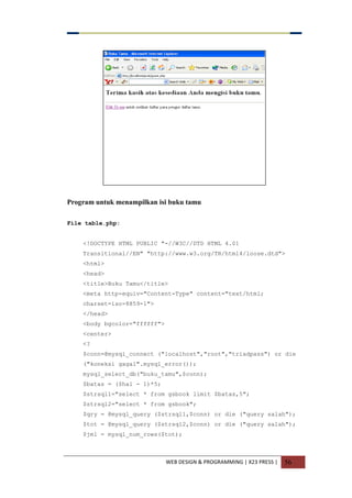 WEB DESIGN & PROGRAMMING | X23 PRESS | 56
Program untuk menampilkan isi buku tamu
File table.php:
<!DOCTYPE HTML PUBLIC "-//W3C//DTD HTML 4.01
Transitional//EN" "http://www.w3.org/TR/html4/loose.dtd">
<html>
<head>
<title>Buku Tamu</title>
<meta http-equiv="Content-Type" content="text/html;
charset=iso-8859-1">
</head>
<body bgcolor="ffffff">
<center>
<?
$conn=@mysql_connect ("localhost","root","triadpass") or die
("koneksi gagal".mysql_error());
mysql_select_db("buku_tamu",$conn);
$batas = ($hal - 1)*5;
$strsql1="select * from gsbook limit $batas,5";
$strsql2="select * from gsbook";
$qry = @mysql_query ($strsql1,$conn) or die ("query salah");
$tot = @mysql_query ($strsql2,$conn) or die ("query salah");
$jml = mysql_num_rows($tot);
 