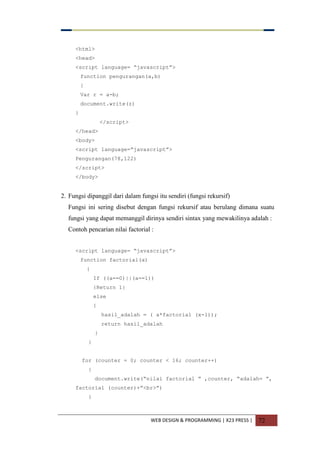 WEB DESIGN & PROGRAMMING | X23 PRESS | 72
<html>
<head>
<script language= “javascript”>
function pengurangan(a,b)
{
Var r = a-b;
document.write(z)
}
</script>
</head>
<body>
<script language=”javascript”>
Pengurangan(78,122)
</script>
</body>
2. Fungsi dipanggil dari dalam fungsi itu sendiri (fungsi rekursif)
Fungsi ini sering disebut dengan fungsi rekursif atau berulang dimana suatu
fungsi yang dapat memanggil dirinya sendiri sintax yang mewakilinya adalah :
Contoh pencarian nilai factorial :
<script language= “javascript”>
function factorial(a)
{
If ((a==0)||(a==1))
{Return 1}
else
{
hasil_adalah = ( a*factorial (x-1));
return hasil_adalah
}
}
for (counter = 0; counter < 16; counter++)
{
document.write(“nilai factorial ” ,counter, “adalah= ”,
factorial (counter)+”<br>”)
}
 