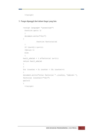 WEB DESIGN & PROGRAMMING | X23 PRESS | 73
</script>
3. Fungsi dipanggil dari dalam fungsi yang lain.
<script language= “javascript”>
function garis ()
{
document.write(“<hr>”)
}
function factorial(a)
{
If ((a==0)||(a==1))
{Return 1}
else
{
hasil_adalah = ( a*factorial (a-1));
return hasil_adalah
}
}
for (counter = 0; counter < 16; counter++)
{
document.write(“nilai factorial ” ,counter, “adalah= ”,
factorial (counter)+”<br>”)
garis()
}
</script>
 