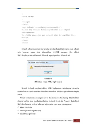 WEB DESIGN & PROGRAMMING | X23 PRESS | 86
}
return oAJAX;
}
</script>
</head>
<body onload="javascript:createRequest();">
Halaman ini memangil function pembuatan class object
XMLHttpRequest
<br />Jika gagal atau pun berhasil akan di tampilkan Alert
message.
</body>
</html>
Setelah selesai membuat file tersebut cobalah buka file tersebut pada sebuah
web browser maka akan ditampilkan ALERT message jika object
XMLHttpRequest telah berhasil dibentuk seperti gambar1 dibawah ini.
Gambar 3
(Membuat object XMLHttpRequest)
Setelah berhasil membuat object XMLHttpRequest, selanjutnya kita coba
memanfaatkan object tersebut untuk berkomunikasi secara Asynchronous dengan
server.
Untuk berkomunikasi dengan server dan merespon hasil yang dikembalikan
oleh server kita akan menfaatkan bebera Method, Event dan Property dari object
XMLHttpRequest, berikut beberapa hal tersebut yang akan kita gunakan:
 Open (method)
 onreadystatechange (event)
 readyState (property)
 