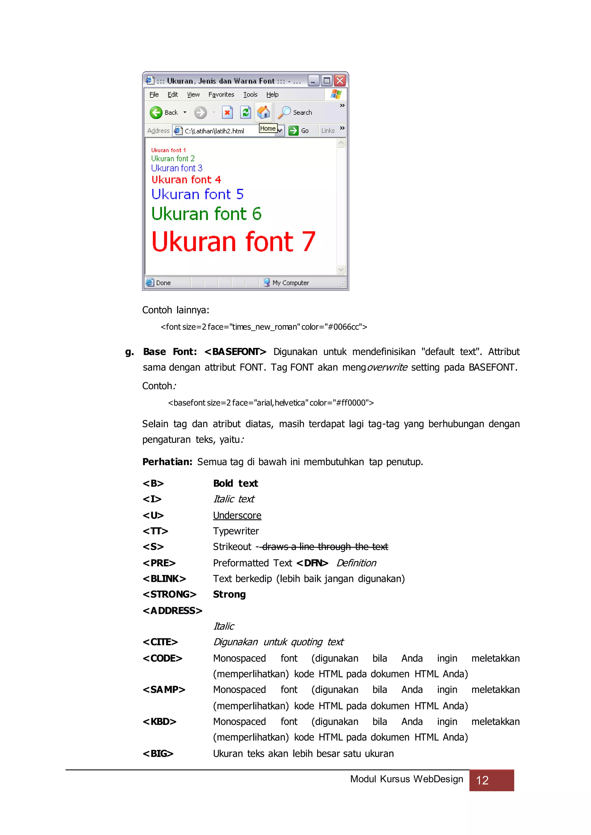 Modul Kursus WebDesign 12
Contoh lainnya:
<font size=2 face="times_new_roman"color="#0066cc">
g. Base Font: <BASEFONT> Digunakan untuk mendefinisikan "default text". Attribut
sama dengan attribut FONT. Tag FONT akan mengoverwrite setting pada BASEFONT.
Contoh:
<basefont size=2 face="arial,helvetica"color="#ff0000">
Selain tag dan atribut diatas, masih terdapat lagi tag-tag yang berhubungan dengan
pengaturan teks, yaitu:
Perhatian: Semua tag di bawah ini membutuhkan tap penutup.
<B> Bold text
<I> Italic text
<U> Underscore
<TT> Typewriter
<S> Strikeout - draws a line through the text
<PRE> Preformatted Text <DFN> Definition
<BLINK> Text berkedip (lebih baik jangan digunakan)
<STRONG> Strong
<ADDRESS>
Italic
<CITE> Digunakan untuk quoting text
<CODE> Monospaced font (digunakan bila Anda ingin meletakkan
(memperlihatkan) kode HTML pada dokumen HTML Anda)
<SAMP> Monospaced font (digunakan bila Anda ingin meletakkan
(memperlihatkan) kode HTML pada dokumen HTML Anda)
<KBD> Monospaced font (digunakan bila Anda ingin meletakkan
(memperlihatkan) kode HTML pada dokumen HTML Anda)
<BIG> Ukuran teks akan lebih besar satu ukuran
 