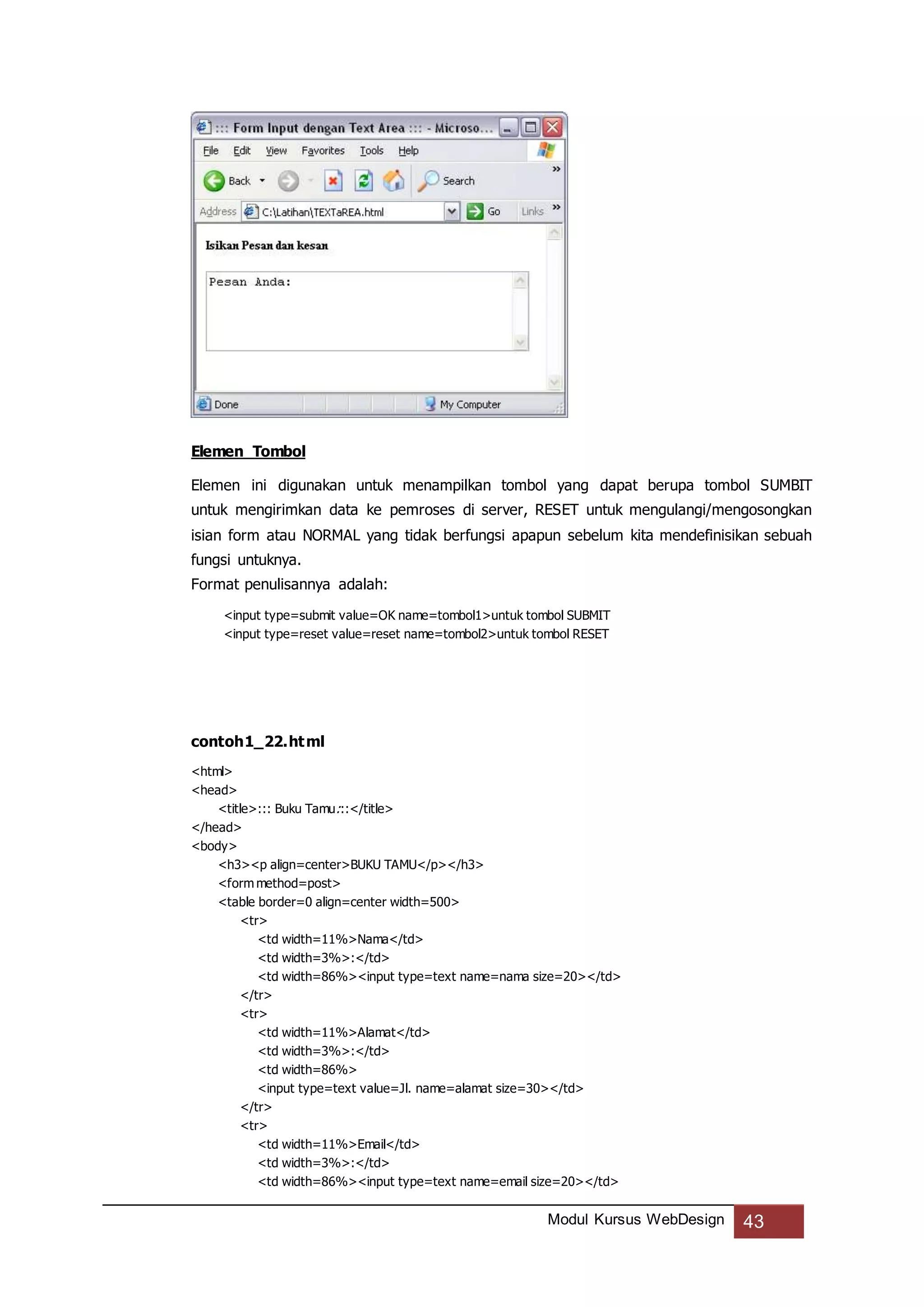 Modul Kursus WebDesign 43
Elemen Tombol
Elemen ini digunakan untuk menampilkan tombol yang dapat berupa tombol SUMBIT
untuk mengirimkan data ke pemroses di server, RESET untuk mengulangi/mengosongkan
isian form atau NORMAL yang tidak berfungsi apapun sebelum kita mendefinisikan sebuah
fungsi untuknya.
Format penulisannya adalah:
<input type=submit value=OK name=tombol1>untuk tombol SUBMIT
<input type=reset value=reset name=tombol2>untuk tombol RESET
contoh1_22.html
<html>
<head>
<title>::: Buku Tamu:::</title>
</head>
<body>
<h3><p align=center>BUKU TAMU</p></h3>
<form method=post>
<table border=0 align=center width=500>
<tr>
<td width=11%>Nama</td>
<td width=3%>:</td>
<td width=86%><input type=text name=nama size=20></td>
</tr>
<tr>
<td width=11%>Alamat</td>
<td width=3%>:</td>
<td width=86%>
<input type=text value=Jl. name=alamat size=30></td>
</tr>
<tr>
<td width=11%>Email</td>
<td width=3%>:</td>
<td width=86%><input type=text name=email size=20></td>
 