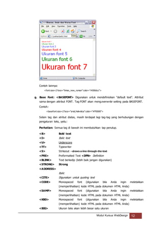 Modul Kursus WebDesign 12
Contoh lainnya:
<font size=2 face="times_new_roman"color="#0066cc">
g. Base Font: <BASEFONT> Digunakan untuk mendefinisikan "default text". Attribut
sama dengan attribut FONT. Tag FONT akan mengoverwrite setting pada BASEFONT.
Contoh:
<basefont size=2 face="arial,helvetica"color="#ff0000">
Selain tag dan atribut diatas, masih terdapat lagi tag-tag yang berhubungan dengan
pengaturan teks, yaitu:
Perhatian: Semua tag di bawah ini membutuhkan tap penutup.
<B> Bold text
<I> Italic text
<U> Underscore
<TT> Typewriter
<S> Strikeout - draws a line through the text
<PRE> Preformatted Text <DFN> Definition
<BLINK> Text berkedip (lebih baik jangan digunakan)
<STRONG> Strong
<ADDRESS>
Italic
<CITE> Digunakan untuk quoting text
<CODE> Monospaced font (digunakan bila Anda ingin meletakkan
(memperlihatkan) kode HTML pada dokumen HTML Anda)
<SAMP> Monospaced font (digunakan bila Anda ingin meletakkan
(memperlihatkan) kode HTML pada dokumen HTML Anda)
<KBD> Monospaced font (digunakan bila Anda ingin meletakkan
(memperlihatkan) kode HTML pada dokumen HTML Anda)
<BIG> Ukuran teks akan lebih besar satu ukuran
 