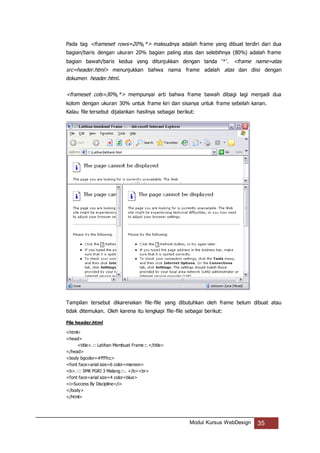 Modul Kursus WebDesign 35
Pada tag <frameset rows=20%,*> maksudnya adalah frame yang dibuat terdiri dari dua
bagian/baris dengan ukuran 20% bagian paling atas dan selebihnya (80%) adalah frame
bagian bawah/baris kedua yang ditunjukkan dengan tanda ‘*’. <frame name=atas
src=header.html> menunjukkan bahwa nama frame adalah atas dan diisi dengan
dokumen header.html.
<frameset cols=30%,*> mempunyai arti bahwa frame bawah dibagi lagi menjadi dua
kolom dengan ukuran 30% untuk frame kiri dan sisanya untuk frame sebelah kanan.
Kalau file tersebut dijalankan hasilnya sebagai berikut:
Tampilan tersebut dikarenakan file-file yang dibutuhkan oleh frame belum dibuat atau
tidak ditemukan. Oleh karena itu lengkapi file-file sebagai berikut:
File header.html
<html>
<head>
<title>.:: Latihan Membuat Frame::.</title>
</head>
<body bgcolor=#ffffcc>
<font face=arial size=6 color=maroon>
<b>.::: SMK PGRI 3 Malang:::. </b><br>
<font face=arial size=4 color=blue>
<i>Success By Discipline</i>
</body>
</html>
 