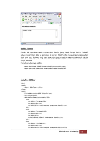 Modul Kursus WebDesign 43
Elemen Tombol
Elemen ini digunakan untuk menampilkan tombol yang dapat berupa tombol SUMBIT
untuk mengirimkan data ke pemroses di server, RESET untuk mengulangi/mengosongkan
isian form atau NORMAL yang tidak berfungsi apapun sebelum kita mendefinisikan sebuah
fungsi untuknya.
Format penulisannya adalah:
<input type=submit value=OK name=tombol1>untuk tombol SUBMIT
<input type=reset value=reset name=tombol2>untuk tombol RESET
contoh1_22.html
<html>
<head>
<title>::: Buku Tamu:::</title>
</head>
<body>
<h3><p align=center>BUKU TAMU</p></h3>
<form method=post>
<table border=0 align=center width=500>
<tr>
<td width=11%>Nama</td>
<td width=3%>:</td>
<td width=86%><input type=text name=nama size=20></td>
</tr>
<tr>
<td width=11%>Alamat</td>
<td width=3%>:</td>
<td width=86%>
<input type=text value=Jl. name=alamat size=30></td>
</tr>
<tr>
<td width=11%>Email</td>
<td width=3%>:</td>
<td width=86%><input type=text name=email size=20></td>
 