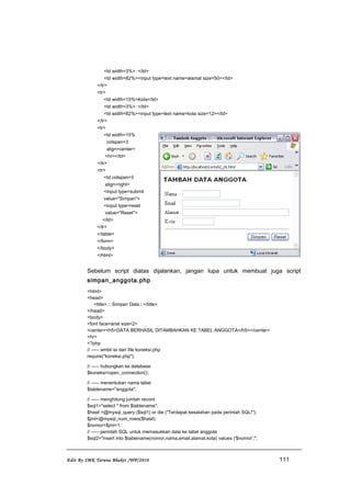 <td width=3%>: </td>
<td width=82%><input type=text name=alamat size=50></td>
</tr>
<tr>
<td width=15%>Kota</td>
<td width=3%>: </td>
<td width=82%><input type=text name=kota size=12></td>
</tr>
<tr>
<td width=15%
colspan=3
align=center>
<hr></td>
</tr>
<tr>
<td colspan=3
align=right>
<input type=submit
value="Simpan">
<input type=reset
value="Reset">
</td>
</tr>
</table>
</form>
</body>
</html>
Sebelum script diatas dijalankan, jangan lupa untuk membuat juga script
simpan_anggota.php
<html>
<head>
<title>.:: Simpan Data::.</title>
</head>
<body>
<font face=arial size=2>
<center><h5>DATA BERHASIL DITAMBAHKAN KE TABEL ANGGOTA</h5></center>
<hr>
<?php
// ----- ambil isi dari file koneksi.php
require("koneksi.php");
// ----- hubungkan ke database
$koneksi=open_connection();
// ----- menentukan nama tabel
$tablename="anggota";
// ----- menghitung jumlah record
$sql1="select * from $tablename";
$hasil =@mysql_query ($sql1) or die ("Terdapat kesalahan pada perintah SQL!");
$jml=@mysql_num_rows($hasil);
$nomor=$jml+1;
// ----- perintah SQL untuk memasukkan data ke tabel anggota
$sql2="insert into $tablename(nomor,nama,email,alamat,kota) values ('$nomor',";
Edit By SMK Taruna Bhakti /WP/2010 111
 