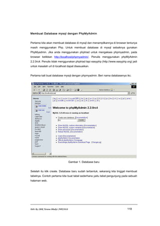 Membuat Database mysql dengan PhpMyAdmin
Pertama kita akan membuat database di mysql dan menampilkannya di browser tentunya
masih menggunakan Php. Untuk membuat database di mysql sebaiknya gunakan
PhpMyadmin. Jika anda menggunakan phptriad untuk mengakses phpmyadmin, pada
browser ketikkan http://localhost/phpmyadmin/. Penulis menggunakan phpMyAdmin
2.2.0rc4. Penulis tidak menggunakan phptriad tapi easyphp (http://www.easyphp.org) jadi
untuk masalah url di localhost dapat disesuaikan.
Pertama kali buat database mysql dengan phpmyadmin. Beri nama databasenya ikc.
Gambar 1. Database baru
Setelah itu klik create. Database baru sudah terbentuk, sekarang kita tinggal membuat
tabelnya. Contoh pertama kita buat tabel sederhana yaitu tabel pengunjung pada sebuah
halaman web.
Edit By SMK Taruna Bhakti /WP/2010 118
 