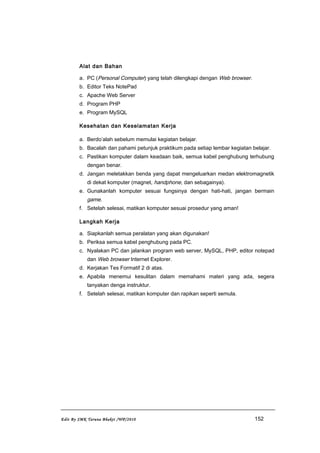 Alat dan Bahan
a. PC (Personal Computer) yang telah dilengkapi dengan Web browser.
b. Editor Teks NotePad
c. Apache Web Server
d. Program PHP
e. Program MySQL
Kesehatan dan Keselamatan Kerja
a. Berdo’alah sebelum memulai kegiatan belajar.
b. Bacalah dan pahami petunjuk praktikum pada setiap lembar kegiatan belajar.
c. Pastikan komputer dalam keadaan baik, semua kabel penghubung terhubung
dengan benar.
d. Jangan meletakkan benda yang dapat mengeluarkan medan elektromagnetik
di dekat komputer (magnet, handphone, dan sebagainya).
e. Gunakanlah komputer sesuai fungsinya dengan hati-hati, jangan bermain
game.
f. Setelah selesai, matikan komputer sesuai prosedur yang aman!
Langkah Kerja
a. Siapkanlah semua peralatan yang akan digunakan!
b. Periksa semua kabel penghubung pada PC.
c. Nyalakan PC dan jalankan program web server, MySQL, PHP, editor notepad
dan Web browser Internet Explorer.
d. Kerjakan Tes Formatif 2 di atas.
e. Apabila menemui kesulitan dalam memahami materi yang ada, segera
tanyakan denga instruktur.
f. Setelah selesai, matikan komputer dan rapikan seperti semula.
Edit By SMK Taruna Bhakti /WP/2010 152
 