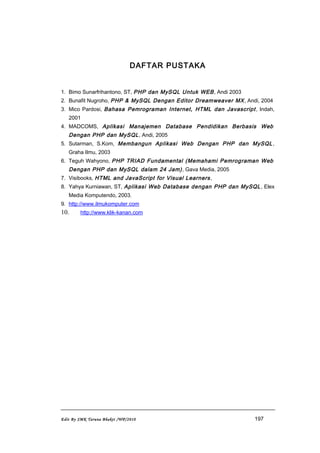DAFTAR PUSTAKA
1. Bimo Sunarfrihantono, ST, PHP dan MySQL Untuk WEB, Andi 2003
2. Bunafit Nugroho, PHP & MySQL Dengan Editor Dreamweaver MX, Andi, 2004
3. Mico Pardosi, Bahasa Pemrograman Internet, HTML dan Javascript, Indah,
2001
4. MADCOMS, Aplikasi Manajemen Database Pendidikan Berbasis Web
Dengan PHP dan MySQL, Andi, 2005
5. Sutarman, S.Kom, Membangun Aplikasi Web Dengan PHP dan MySQL ,
Graha Ilmu, 2003
6. Teguh Wahyono, PHP TRIAD Fundamental (Memahami Pemrograman Web
Dengan PHP dan MySQL dalam 24 Jam), Gava Media, 2005
7. Visibooks, HTML and JavaScript for Visual Learners,
8. Yahya Kurniawan, ST, Aplikasi Web Database dengan PHP dan MySQL, Elex
Media Komputendo, 2003.
9. http://www.ilmukomputer.com
10. http://www.klik-kanan.com
Edit By SMK Taruna Bhakti /WP/2010 197
 