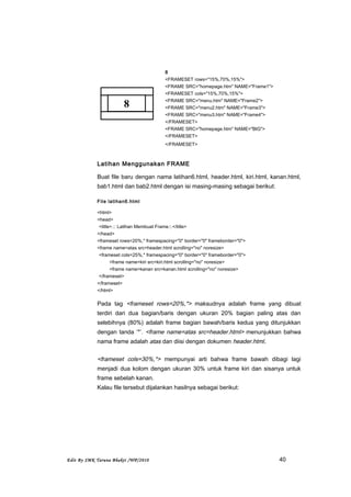 8
<FRAMESET rows="15%,70%,15%">
<FRAME SRC="homepage.htm" NAME="Frame1">
<FRAMESET cols="15%,70%,15%">
<FRAME SRC="menu.htm" NAME="Frame2">
<FRAME SRC="menu2.htm" NAME="Frame3">
<FRAME SRC="menu3.htm" NAME="Frame4">
</FRAMESET>
<FRAME SRC="homepage.htm" NAME="BIG">
</FRAMESET>
</FRAMESET>
Latihan Menggunakan FRAME
Buat file baru dengan nama latihan6.html, header.html, kiri.html, kanan.html,
bab1.html dan bab2.html dengan isi masing-masing sebagai berikut:
File latihan6.html
<html>
<head>
<title>.:: Latihan Membuat Frame::.</title>
</head>
<frameset rows=20%,* framespacing="0" border="0" frameborder="0">
<frame name=atas src=header.html scrolling="no" noresize>
<frameset cols=25%,* framespacing="0" border="0" frameborder="0">
<frame name=kiri src=kiri.html scrolling="no" noresize>
<frame name=kanan src=kanan.html scrolling="no" noresize>
</frameset>
</frameset>
</html>
Pada tag <frameset rows=20%,*> maksudnya adalah frame yang dibuat
terdiri dari dua bagian/baris dengan ukuran 20% bagian paling atas dan
selebihnya (80%) adalah frame bagian bawah/baris kedua yang ditunjukkan
dengan tanda ‘*’. <frame name=atas src=header.html> menunjukkan bahwa
nama frame adalah atas dan diisi dengan dokumen header.html.
<frameset cols=30%,*> mempunyai arti bahwa frame bawah dibagi lagi
menjadi dua kolom dengan ukuran 30% untuk frame kiri dan sisanya untuk
frame sebelah kanan.
Kalau file tersebut dijalankan hasilnya sebagai berikut:
Edit By SMK Taruna Bhakti /WP/2010 40
8
 