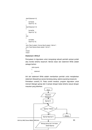 elseif ($operasi==2)
{
$c=$a-$b;
$oper='[a - b]';
}
elseif ($operasi==3)
{
$c=$a*$b;
$oper='[a * b]';
}
else
{
$c=$a/$b;
$oper='[a / b]';
}
echo "Nilai A adalah = $a dan Nilai B adalah = $b<br>";
echo "Hasil Operasi $oper adalah = $c<br>";
?>
</body>
</html>
Statement WHILE
Pernyataan ini digunakan untuk mengulangi sebuah perintah sampai jumlah
atau kondisi tertentu terpenuhi. Bentuk dasar dari statement While adalah
sebagai berikut:
while (syarat)
{
statement
}
Arti dari statemant While adalah memberikan perintah untuk menjalankan
statement dibawahnya secara berulang-ulang, selama syaratnya terpenuhi.
Perhatikan contoh2_10. Pada contoh tersebut, program digunakan untuk
mencari bilangan genap dari 2 sampai dengan batas tertentu sesuai dengan
masukan yang diberikan.
Edit By SMK Taruna Bhakti /WP/2010 80
Mulai
$genap=$genap+2
T
Y
$genap < $batas
Masukkan
Batasnya?
Selesai
Bilanga genap dari 2 s/d batas
adalah:$genap
$genap=0;
 