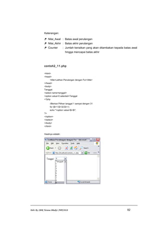 Keterangan:
 Nilai_Awal : Batas awal perulangan
 Nilai_Akhir : Batas akhir perulangan
 Counter : Jumlah kenaikan yang akan ditambakan kepada batas awal
hingga mencapai batas akhir
contoh2_11.php
<html>
<head>
<title>Latihan Perulangan dengan For</title>
</head>
<body>
Tanggal:
<select name=tanggal>
<option value=0 selected>Tanggal
<?php
//Bentuk Pilihan tanggal 1 sampai dengan 31
for ($i=1;$i<32;$i++)
echo "<option value=$i>$i";
?>
</option>
</select>
</body>
</html>
Hasilnya adalah:
Edit By SMK Taruna Bhakti /WP/2010 82
 