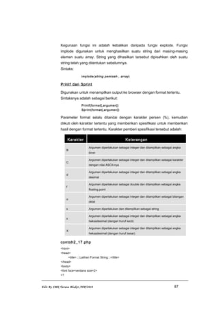 Kegunaan fungsi ini adalah kebalikan daripada fungsi explode. Fungsi
implode digunakan untuk menghasilkan suatu string dari masing-masing
elemen suatu array. String yang dihasilkan tersebut dipisahkan oleh suatu
string telah yang ditentukan sebelumnya.
Sintaks:
implode(string pemisah , array)
Printf dan Sprint
Digunakan untuk menampilkan output ke browser dengan format tertentu.
Sintaksnya adalah sebagai berikut:
Printf(format[,argumen])
Sprint(format[,argumen])
Parameter format selalu ditandai dengan karakter persen (%), kemudian
diikuti oleh karakter tertentu yang memberikan spesifikasi untuk memberikan
hasil dengan format tertentu. Karakter pemberi spesifikasi tersebut adalah:
Karakter Keterangan
B
Argumen diperlakukan sebagai integer dan ditampilkan sebagai angka
biner
C
Argumen diperlakukan sebagai integer dan ditampilkan sebagai karakter
dengan nilai ASCII-nya
d
Argumen diperlakukan sebagai integer dan ditampilkan sebagai angka
desimal
f
Argumen diperlakukan sebagai double dan ditampilkan sebagai angka
floating point
o
Argumen diperlakukan sebagai integer dan ditampilkan sebagai bilangan
oktal
s Argumen diperlakukan dan ditampilkan sebagai string
x
Argumen diperlakukan sebagai integer dan ditampilkan sebagai angka
heksadesimal (dengan huruf kecil)
X
Argumen diperlakukan sebagai integer dan ditampilkan sebagai angka
heksadesimal (dengan huruf besar)
contoh2_17.php
<html>
<head>
<title>.:: Latihan Format String::.</title>
</head>
<body>
<font face=verdana size=2>
<?
Edit By SMK Taruna Bhakti /WP/2010 87
 