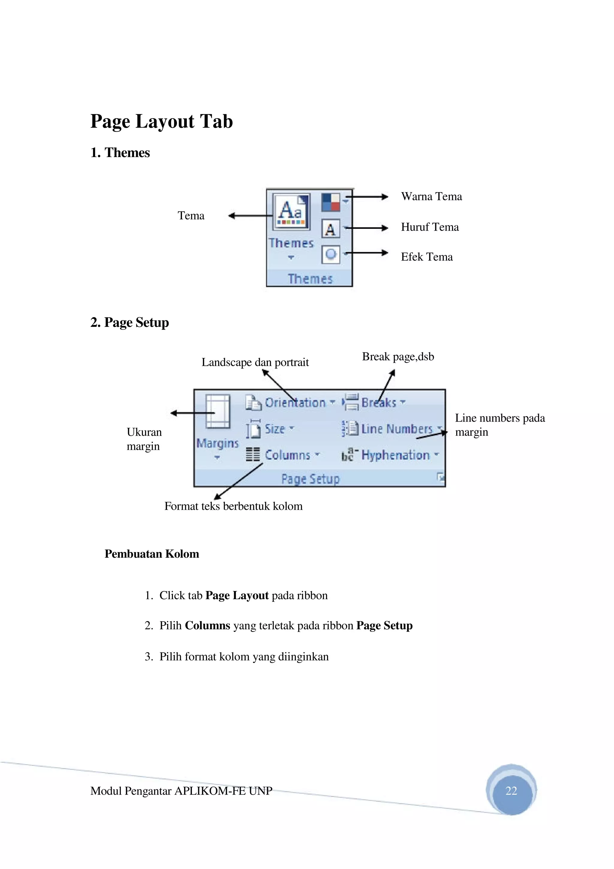 Page Layout Tab
1. Themes
Warna Tema
Tema
Huruf Tema
Efek Tema
2. Page Setup
Landscape dan portrait
Ukuran
margin
Format teks berbentuk kolom
Pembuatan Kolom
1. Click tab Page Layout pada ribbon
Break page,dsb
Line numbers pada
margin
2. Pilih Columns yang terletak pada ribbon Page Setup
3. Pilih format kolom yang diinginkan
Modul Pengantar APLIKOM-FE UNP 22
 