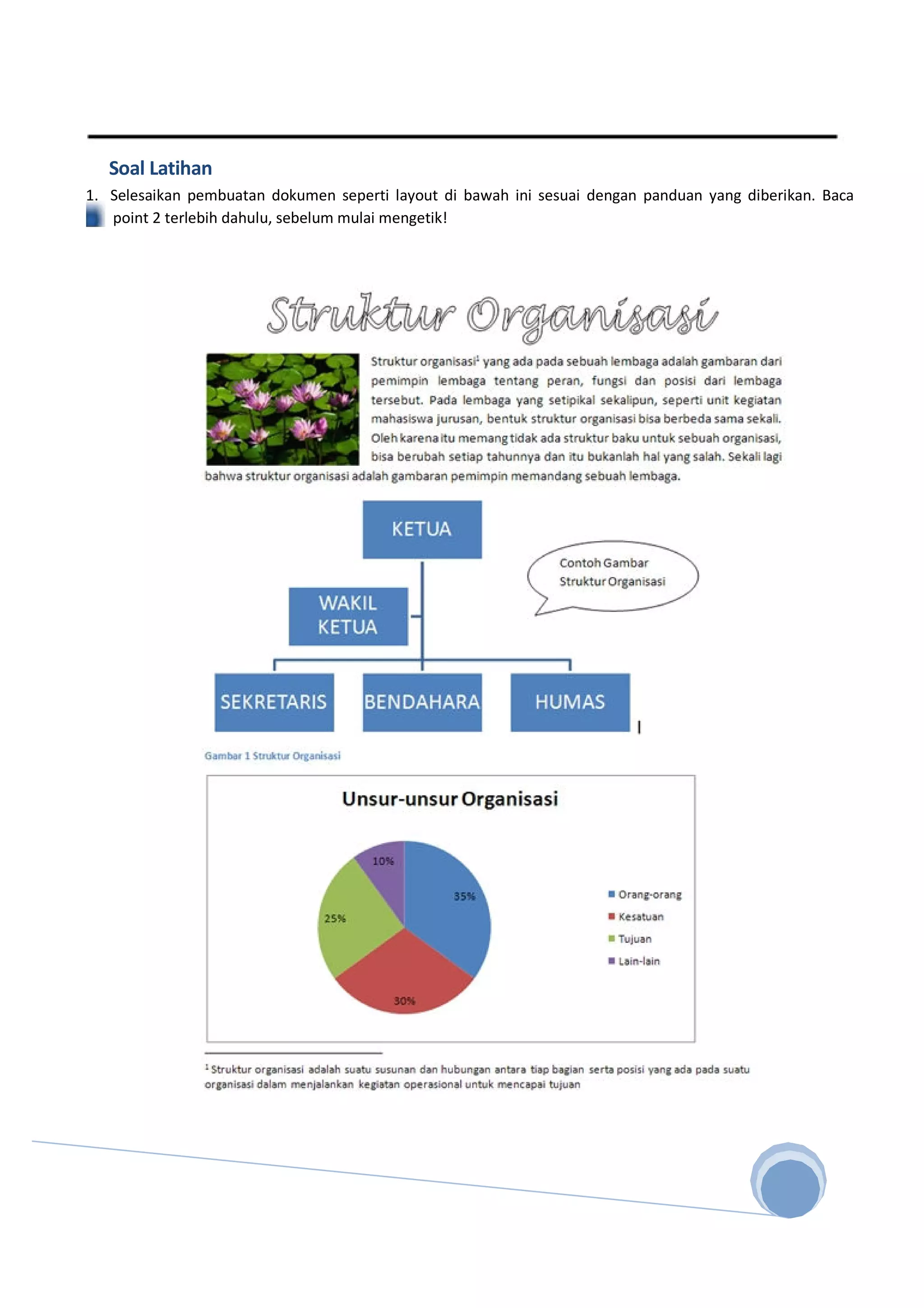 Soal Latihan
1. Selesaikan pembuatan dokumen seperti layout di bawah ini sesuai dengan panduan yang diberikan. Baca
point 2 terlebih dahulu, sebelum mulai mengetik!
 