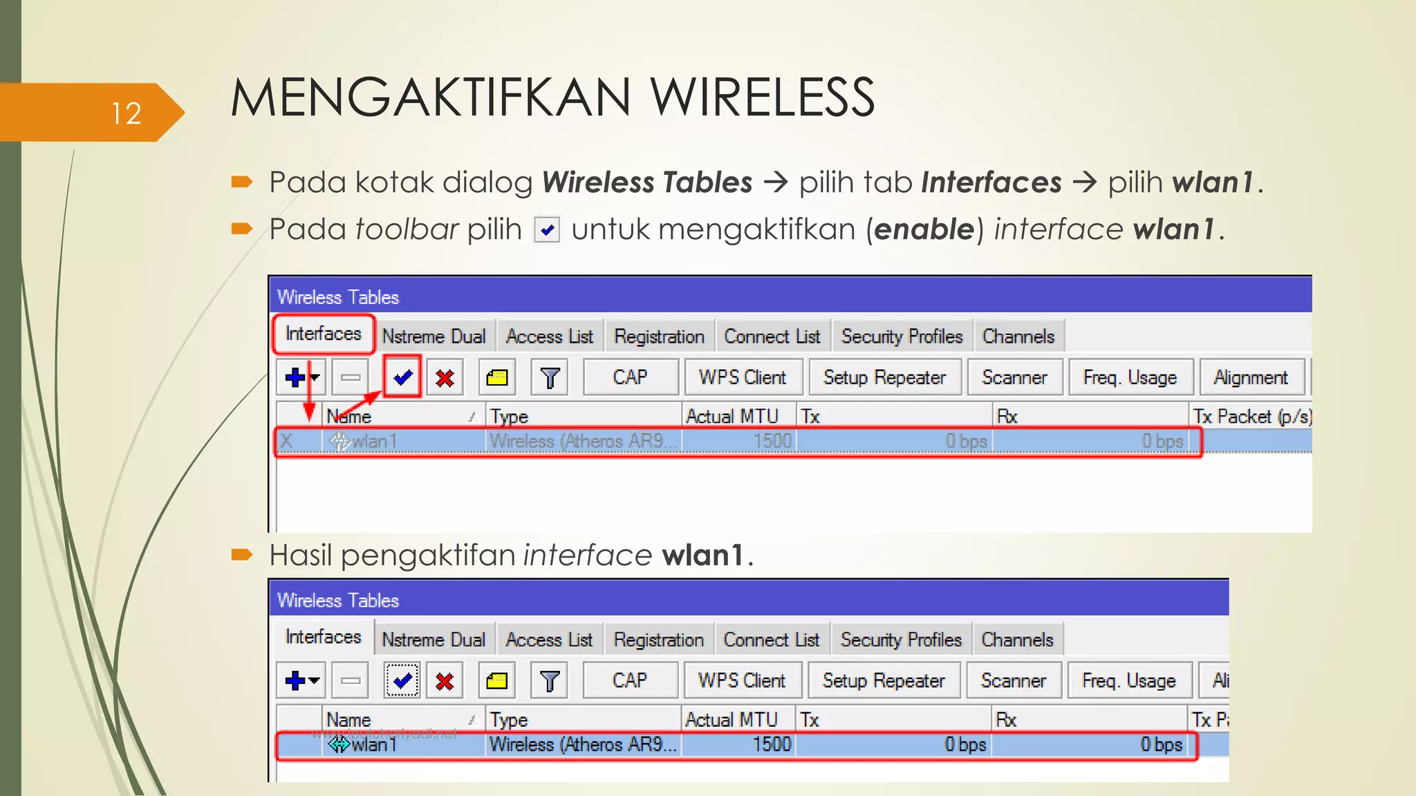 MENGAKTIFKAN WIRELESS
 Pada kotak dialog Wireless Tables  pilih tab Interfaces  pilih wlan1.
 Pada toolbar pilih untuk mengaktifkan (enable) interface wlan1.
 Hasil pengaktifan interface wlan1.
www.iputuhariyadi.net
12
 
