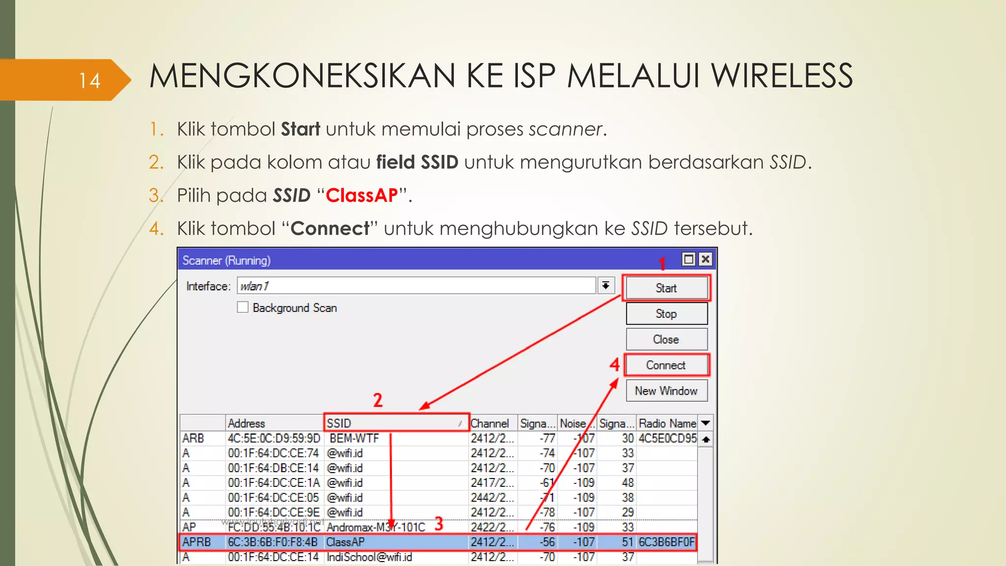 MENGKONEKSIKAN KE ISP MELALUI WIRELESS
1. Klik tombol Start untuk memulai proses scanner.
2. Klik pada kolom atau field SSID untuk mengurutkan berdasarkan SSID.
3. Pilih pada SSID “ClassAP”.
4. Klik tombol “Connect” untuk menghubungkan ke SSID tersebut.
www.iputuhariyadi.net
14
 