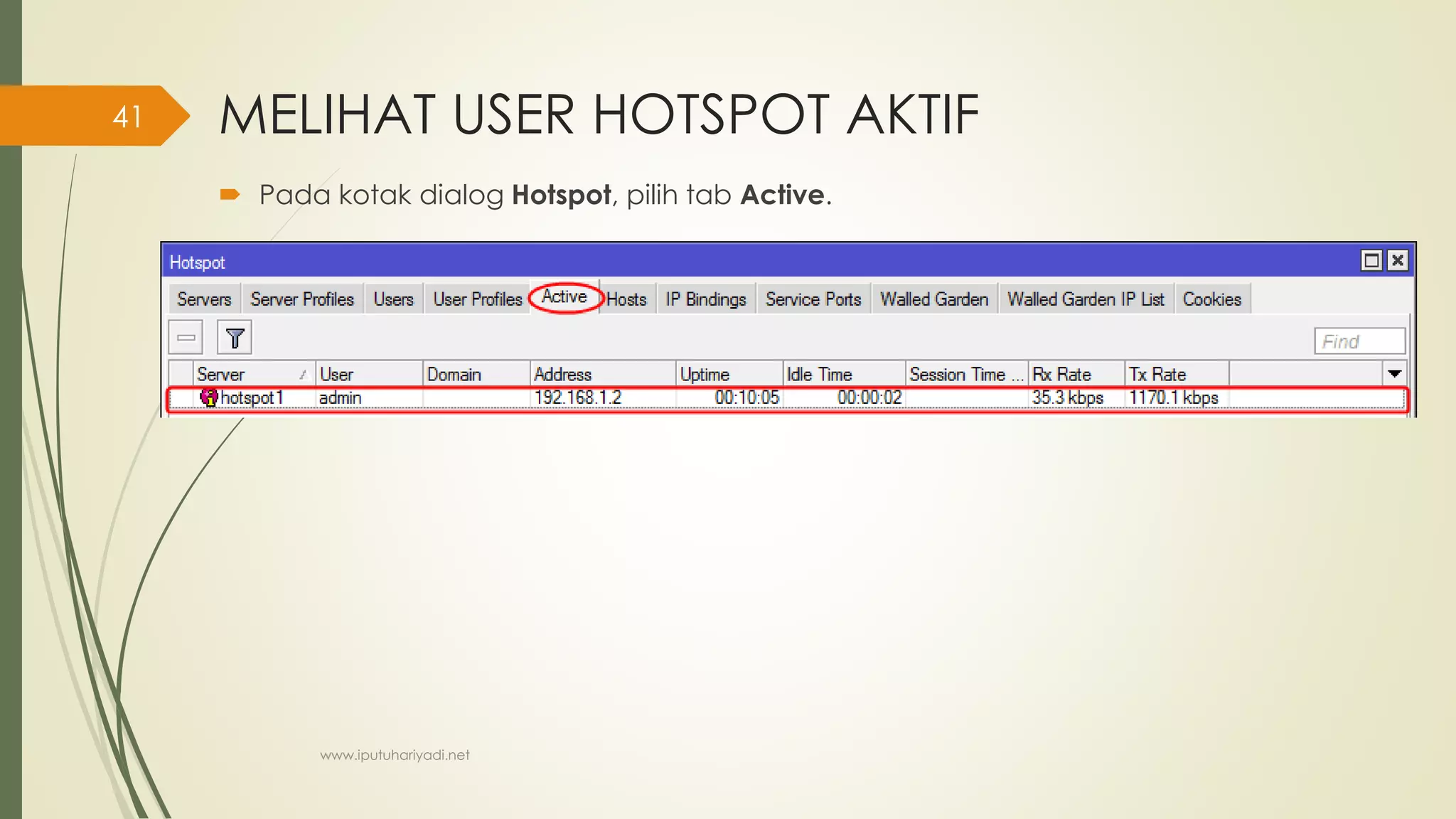 MELIHAT USER HOTSPOT AKTIF
 Pada kotak dialog Hotspot, pilih tab Active.
www.iputuhariyadi.net
41
 