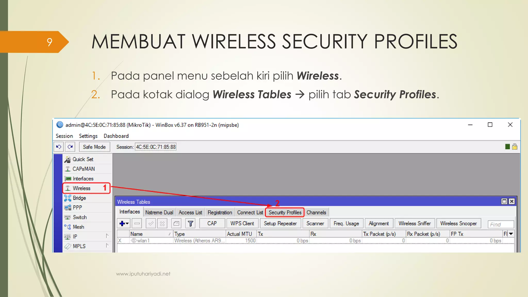 MEMBUAT WIRELESS SECURITY PROFILES
1. Pada panel menu sebelah kiri pilih Wireless.
2. Pada kotak dialog Wireless Tables  pilih tab Security Profiles.
www.iputuhariyadi.net
9
 