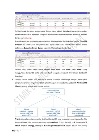 36 | P a g e
Terlihat hanya dua client simple queue dengan nama client1 dan client2 yang menggunakan
bandwidth serta telah mendapat kecepatan melewati limit-at dari bandwidth download, ditandai
dengan warna kuning.
Selanjutnya ujicoba kembali dengan melakukan aktivitas upload dan download melalui Virtual PC
Windows XP1 (client1) dan XP2 (client2) serta laptop (client3) lalu amati hasilnya melalui winbox
pada menu Queue tab Simple Queue, seperti terlihat pada gambar berikut:
Terlihat ketiga client simple queue dengan nama client1 dan client2 serta client3 yang
menggunakan bandwidth serta telah mendapat kecepatan melewati limit-at dari bandwidth
download.
3. Limitasi secara hirarki atau bertingkat seperti scenario sebelumnya dengan menerapkan
pengaturan prioritas dengan nilai 1 baik upload maupun download untuk Virtual PC Windows XP1
(client1), seperti terlihat pada gambar berikut:
Client1
max-limit = 1M/1M
limit-at=128k/128k
priority=1/1
Client2
max-limit = 1M/1M
limit-at=128k/128k
priority=8/8
Client3
max-limit = 1M/1M
limit-at=128k/128k
priority=8/8
Total Bandwidth
max-limit = 1M/1M
Priority digunakan untuk mengatur distribusi bandwidth yang tersisa dari parent queue ke child
queue sehingga child queue dapat mencapai max-limit. Priority bernilai 1...8, dimana nilai 1
adalah prioritas tertinggi, sedangkan 8 adalah prioritas terendah. Secara default nilai priority
 
