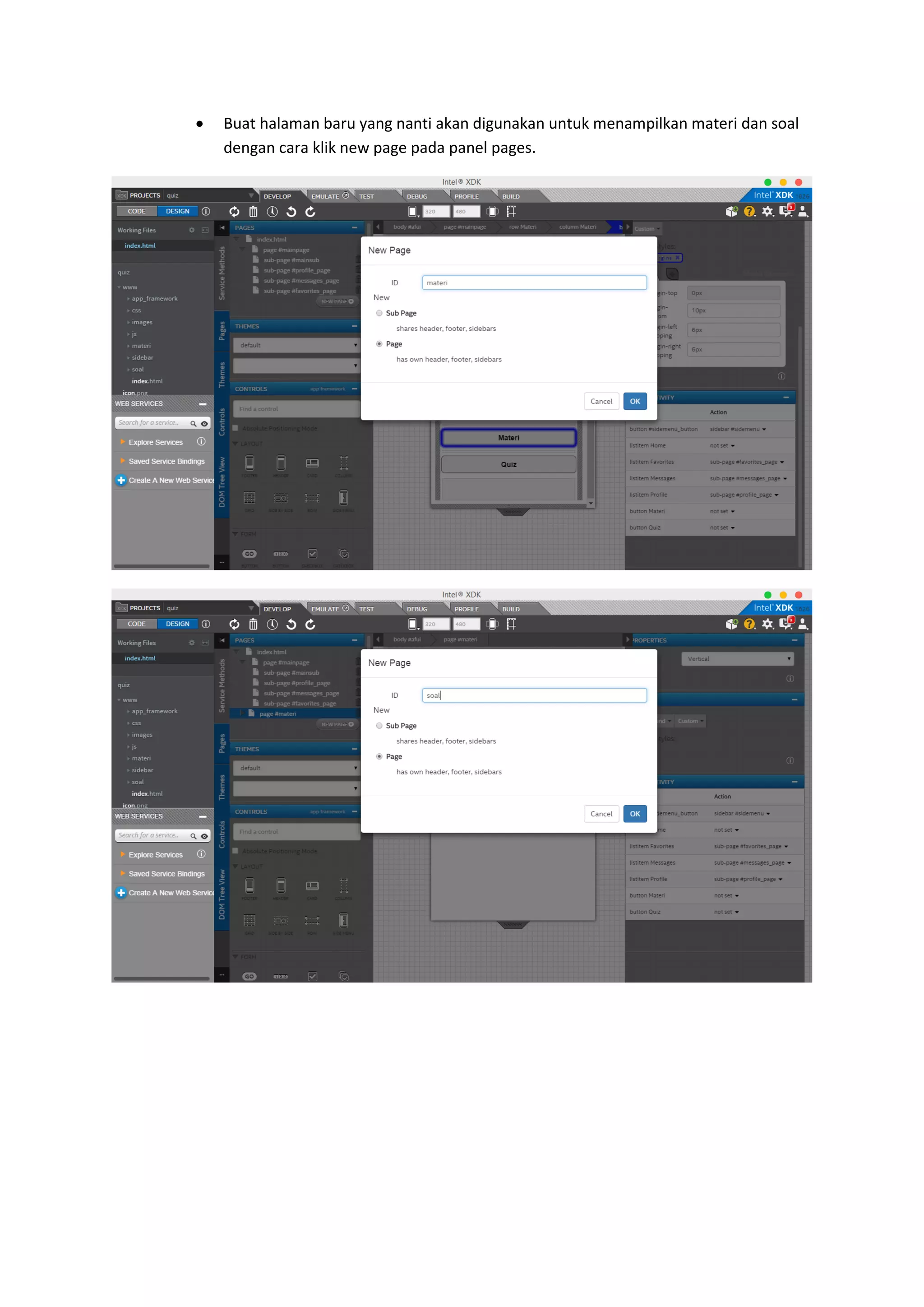  Buat halaman baru yang nanti akan digunakan untuk menampilkan materi dan soal
dengan cara klik new page pada panel pages.
 