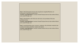 Fase 1: Mendeskripsikan besaran dan pengukuran mengklasifikasikan zat
berdasarkan wujud dan komposisinya.
Asesmen yang digunakan: Asesmen formatif berupa observasi dan lembar diskusi,
serta sumatif berupa soal.
Fase 2: Membedakan sifat fisika dan sifat kimia serta perubahan fisika dan
perubahan kimia.
Asesmen yang digunakan: Asesmen formatif berupa observasi dan lembar diskusi,
serta sumatif berupa soal.
Fase 3: mendeskripsikan unsur, senyawa, campuran, dan pemisahan campuran.dan
mendemonstrasikan perbedaan suspensi dan larutan
Asesmen yang digunakan: Asesmen formatif berupa observasi dan lembar diskusi,
serta sumatif berupa soal.
 