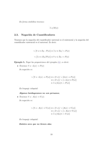 En forma simb´olica tenemos:
∃ x/M(x)
2.3. Negaci´on de Cuantiﬁcadores
Tenemos que la negaci´on del cuantiﬁcador universal es el existencial y la negaci´on del
cuantiﬁcador existencial es el universal. Es decir:
∼ [∀ x ∈ DP : P(x)] ≡ ∃ x ∈ DP / ∼ P(x)
∼ [∃ x ∈ DP /P(x)] ≡ ∀ x ∈ DP :∼ P(x)
Ejemplo 5. Negar las proposiciones del ejemplos (4), es decir:
Tenemos: ∀ x : L(x) → P(x)
Su negaci´on es:
∼ [∀ x : L(x) → P(x)] ≡∼ (∀ x)/ ∼ [L(x) → P(x)]
≡∼ (∀ x)/ ∼ [∼ L(x) ∨ P(x)]
≡ ∃ x/L(x)∧ ∼ P(x)]
En lenguaje coloquial:
Algunos lambayecanos no son peruanos.
Tenemos: ∀ x : A(x) → V (x)
Su negaci´on es:
∼ [∀ x : A(x) → V (x)] ≡∼ (∀ x)/ ∼ [A(x) → V (x)]
≡∼ (∀ x)/ ∼ [∼ A(x) ∨ V (x)]
≡ ∃ x/A(x)∧ ∼ V (x)]
En lenguaje coloquial:
Existen aves que no tienen alas.
10
 