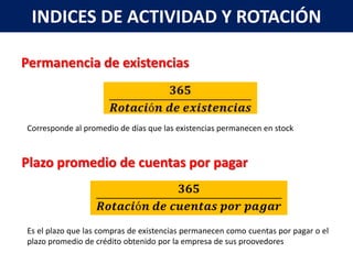 INDICES DE ACTIVIDAD Y ROTACIÓN

Permanencia de existencias



Corresponde al promedio de días que las existencias permanecen en stock



Plazo promedio de cuentas por pagar



Es el plazo que las compras de existencias permanecen como cuentas por pagar o el
plazo promedio de crédito obtenido por la empresa de sus proovedores
 