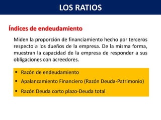 LOS RATIOS

Índices de endeudamiento
 Miden la proporción de financiamiento hecho por terceros
 respecto a los dueños de la empresa. De la misma forma,
 muestran la capacidad de la empresa de responder a sus
 obligaciones con acreedores.

   Razón de endeudamiento
   Apalancamiento Financiero (Razón Deuda-Patrimonio)
   Razón Deuda corto plazo-Deuda total
 