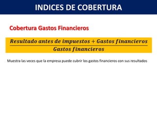 INDICES DE COBERTURA

 Cobertura Gastos Financieros



Muestra las veces que la empresa puede cubrir los gastos financieros con sus resultados
 