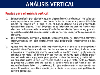ANÁLISIS VERTICAL
Pautas para el análisis vertical
1.   Se puede decir, por ejemplo, que el disponible (caja y bancos) no debe ser
     muy representativo, puesto que no es rentable tener una gran cantidad de
     dinero en efecto en la caja o en el banco donde no está generando
     rentabilidad alguna. Toda empresa debe procurar no por no tener más
     efectivo de lo necesario, a excepción de las entidades financieras, que por
     su objeto social deben necesariamente conservar importantes recursos en
     efectivo.
2.   Las inversiones, siempre y cuando sean rentables, no presentan mayores
     inconvenientes en que representen una proporción importante de los
     activos.
3.   Quizás una de las cuentas más importantes, y a la que se le debe prestar
     especial atención es a la de los clientes o cuentas por cobrar, toda vez que
     esta cuenta representa las ventas realizadas a crédito, y esto implica que la
     empresa no reciba el dinero por sus ventas, en tanto que sí debe pagar
     una serie de costos y gastos para poder realizar las ventas, y debe existir
     un equilibrio entre lo que la empresa recibe y lo que gasta, de lo contrario
     se presenta un problema de liquidez el cual tendrá que ser financiado con
     endeudamiento interno o externo, lo que naturalmente representa un
     costo financiero que bien podría ser evitado si se sigue una política de
     cartera adecuada.
 